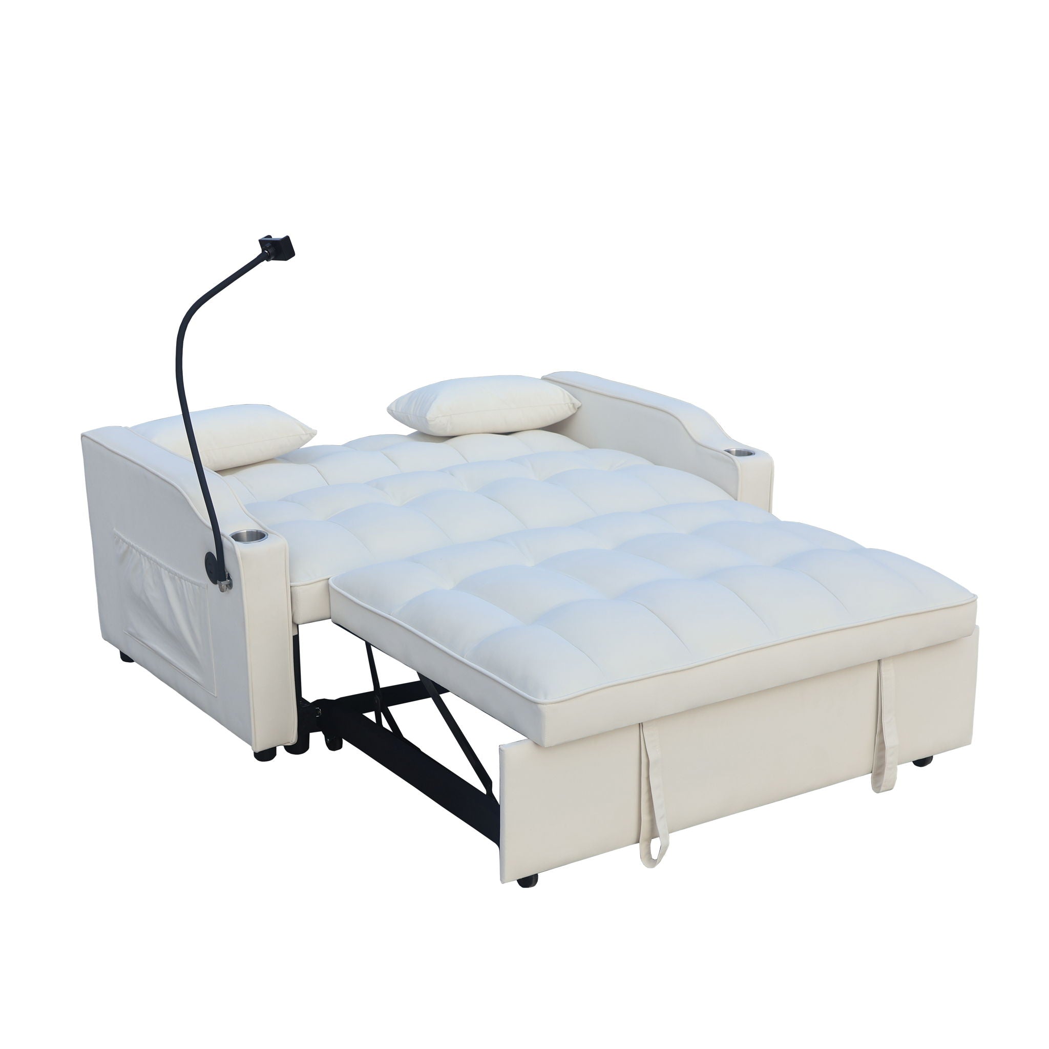 Modern Velvet Loveseat With Pullout Bed, Adjustable Reclining Backrest