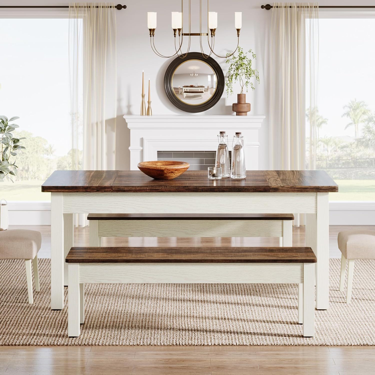 Dining Table Set For 4 - 6 With Tuck Under Benches - Brown / White