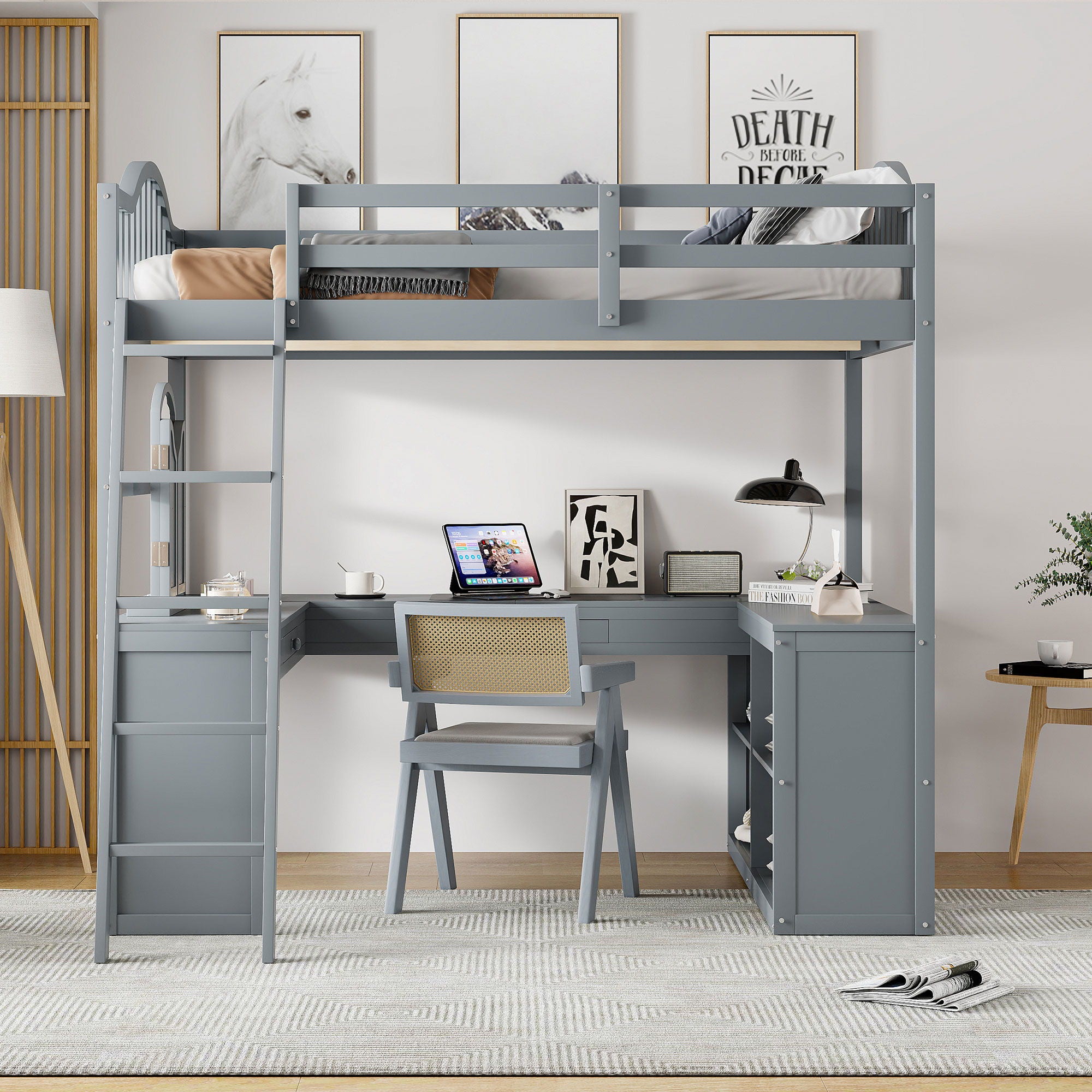 Loft Bed With Drawers, Cabinet, Shelves With Desk