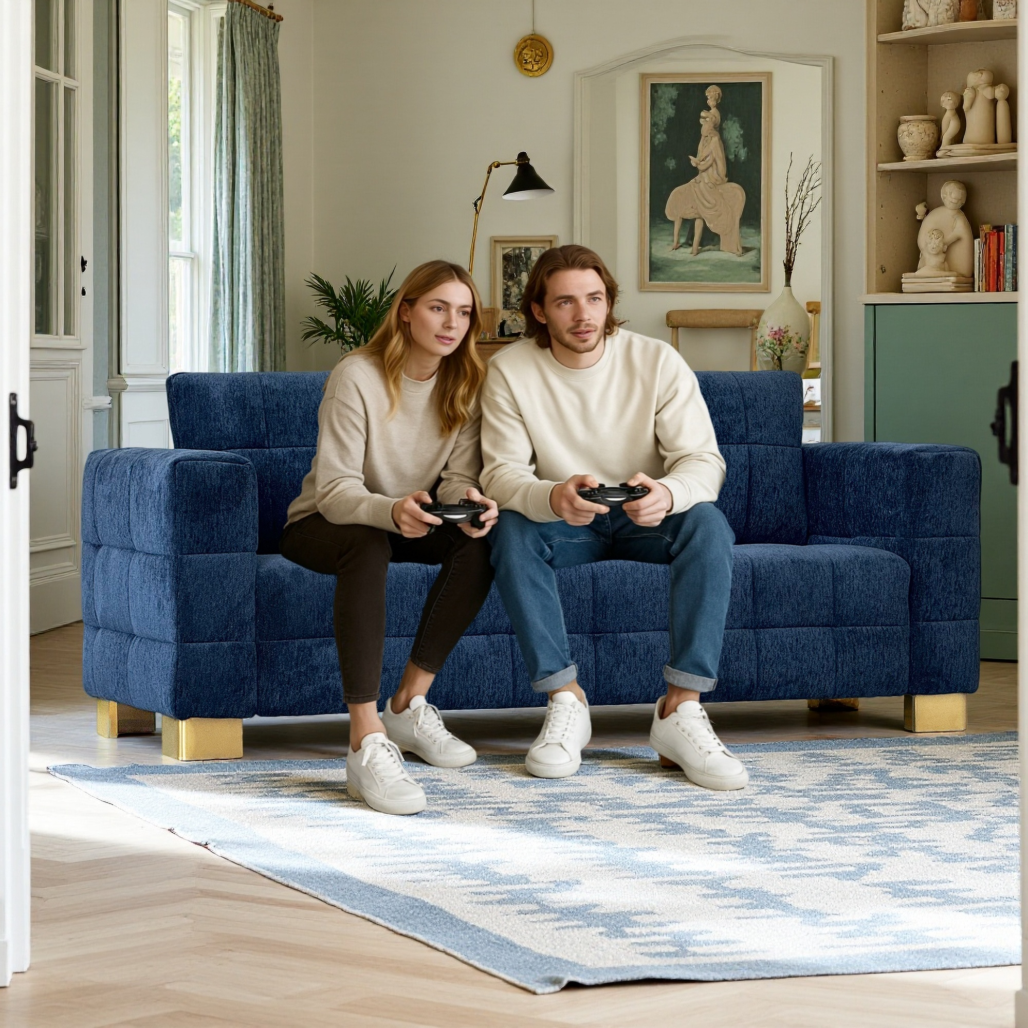 Retro Blue Chenille Upholstered 3-Seater Couch with Stainless-Steel Legs