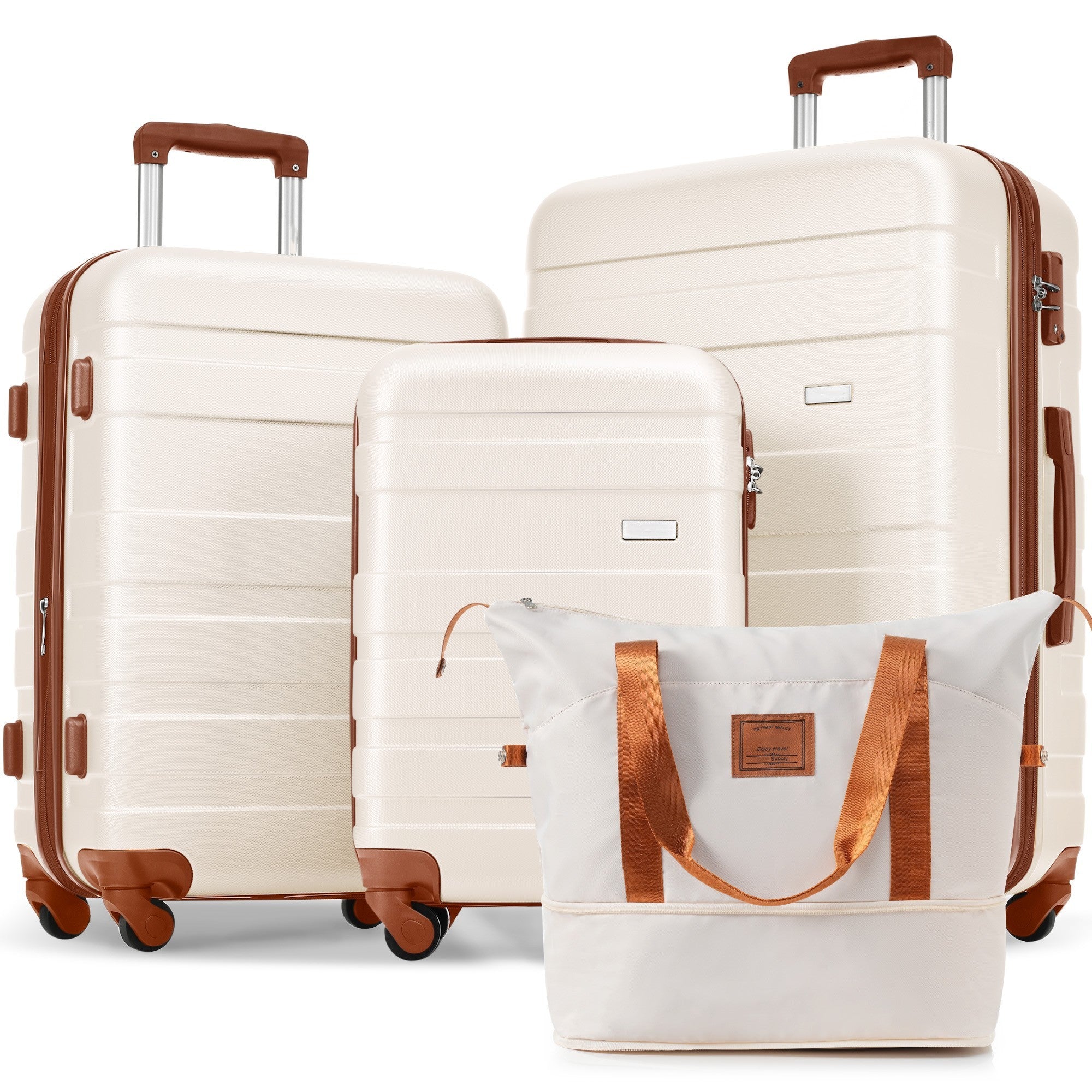 Luggage Sets 4 Piece, ABS Durable Suitcase with Travel Bag, Carry On Luggage Suitcase Set with 360° Spinner Wheels, ivory and brown