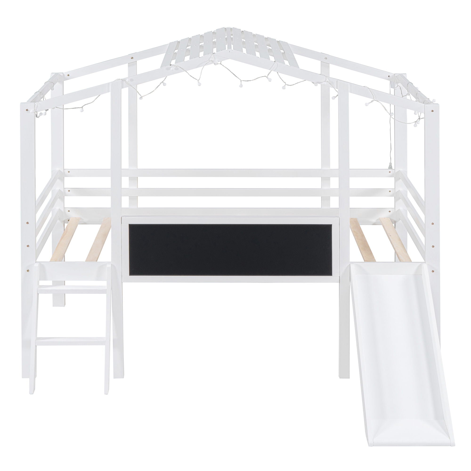 Loft House Bed With Ladder And Slide, With Blackboard And Light Strip On The Roof