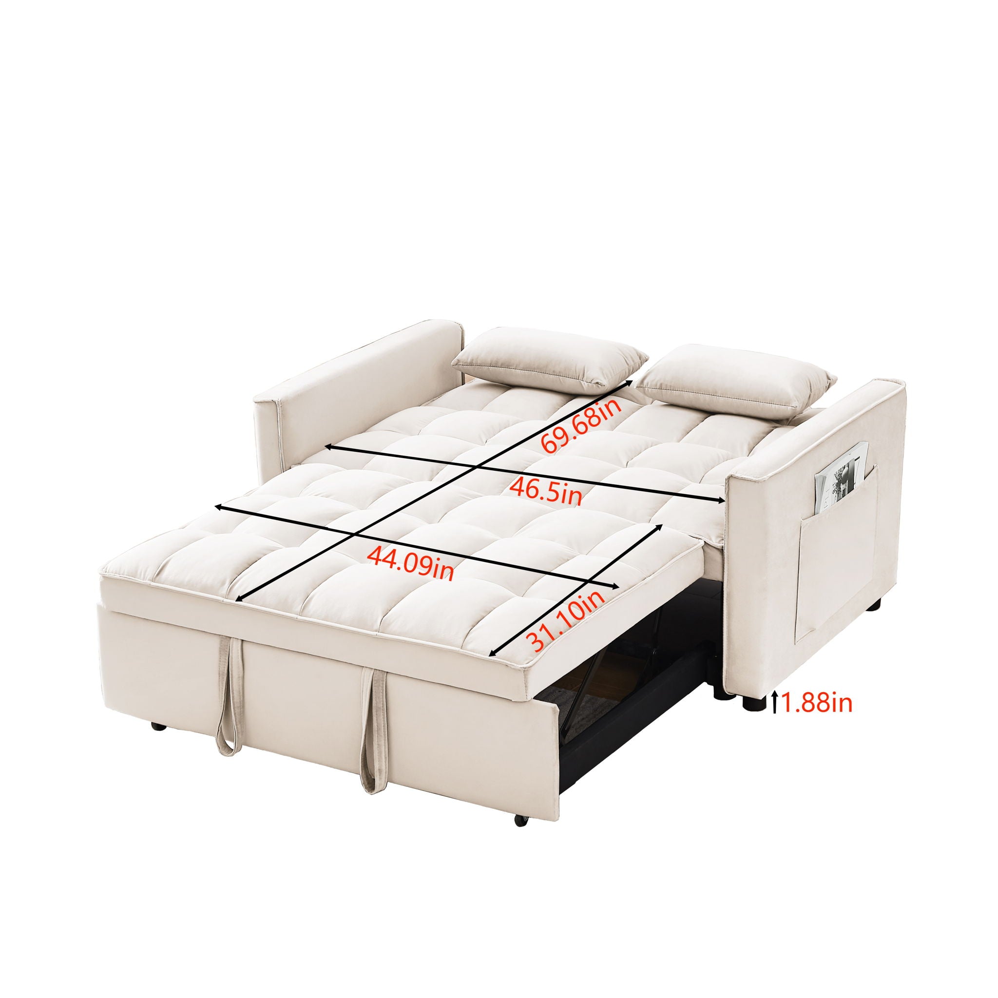 Modern Velvet Convertible Loveseat Futon Sofa With Pullout Bed, Reclining Backrest