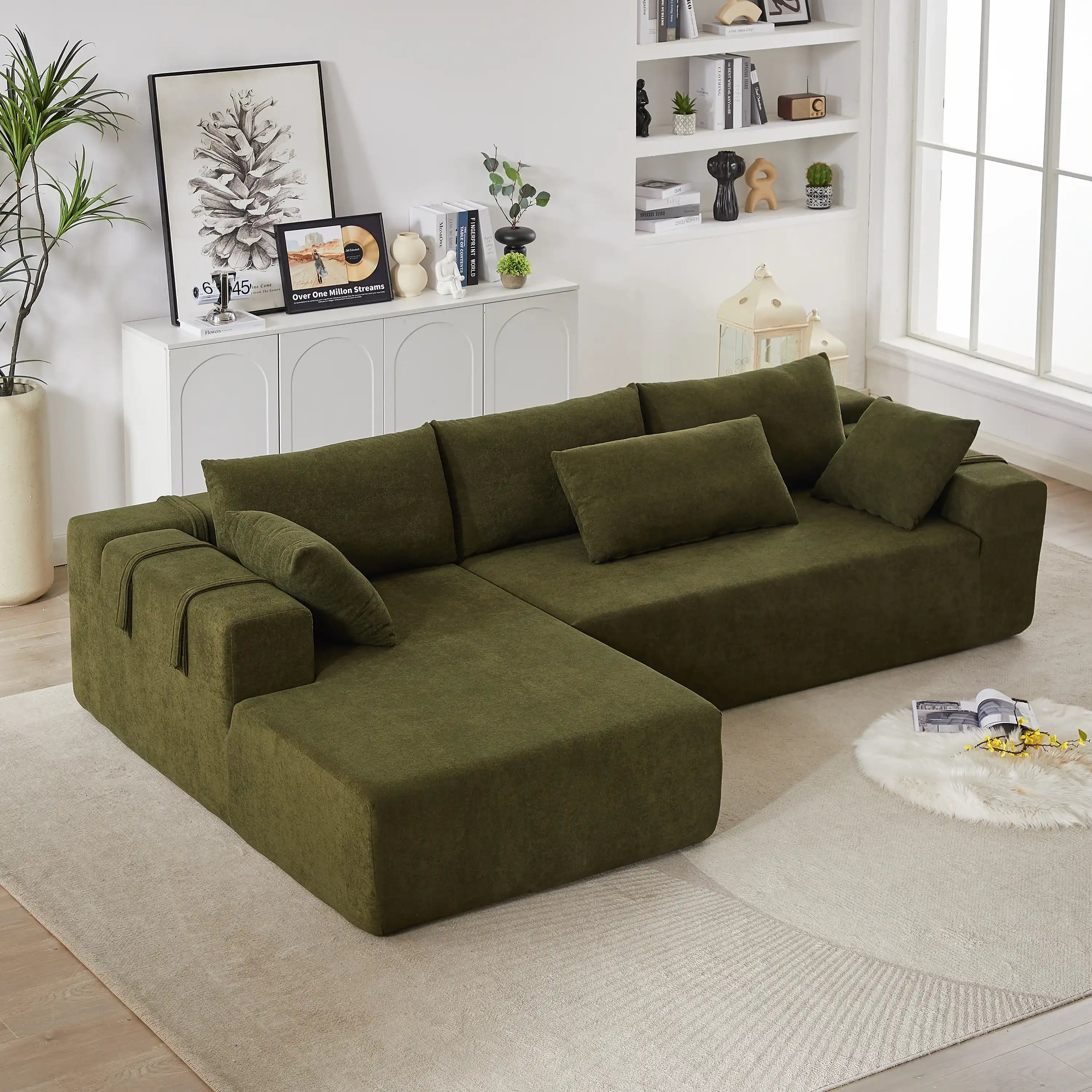 Modern Chenille L-Shaped Sectional Sofa Set, 108' with 6 Pillows
