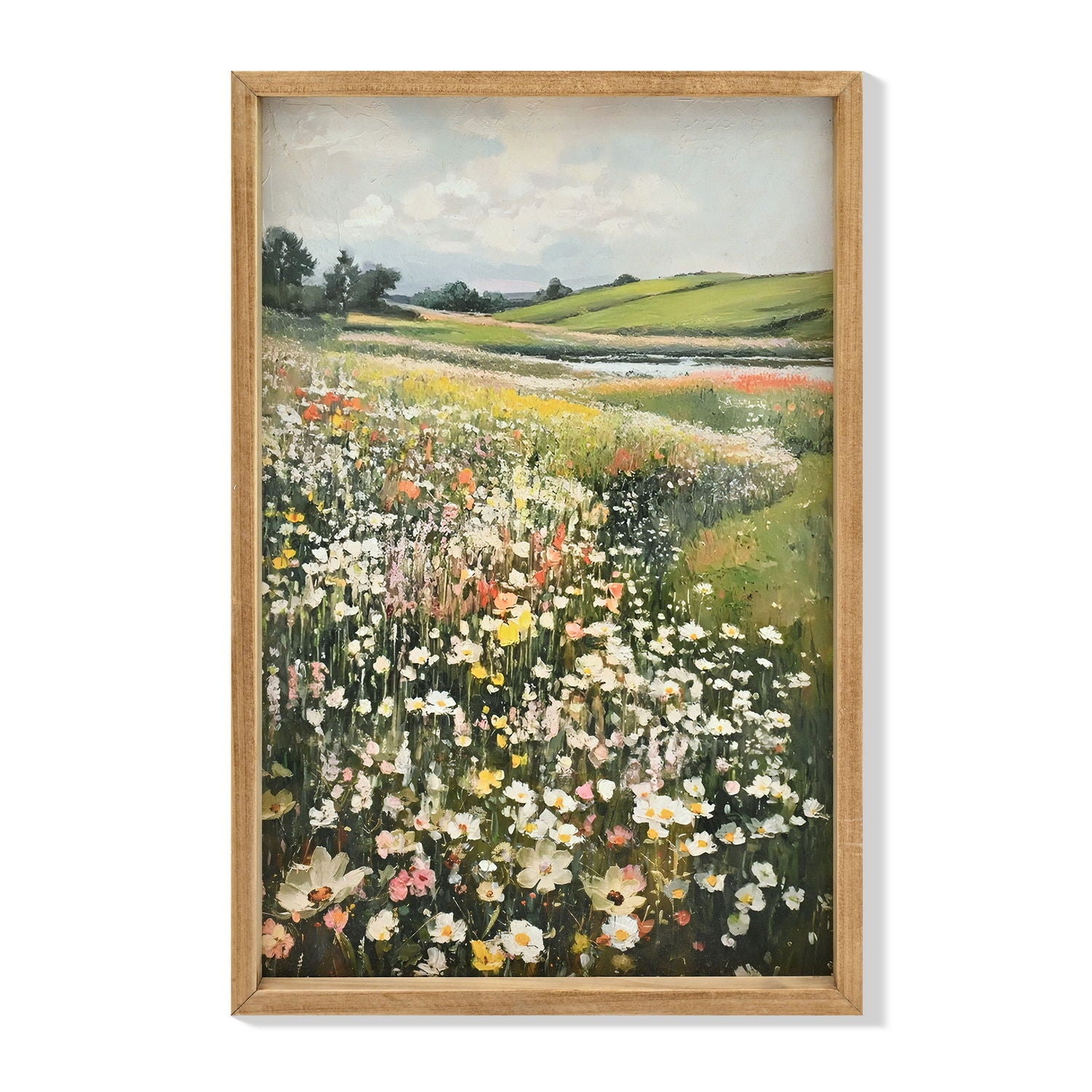 Framed Canvas Prints Art Vintage Decor, Classical Wildflower Field Meadow Flowers Painting - Green / Ivory