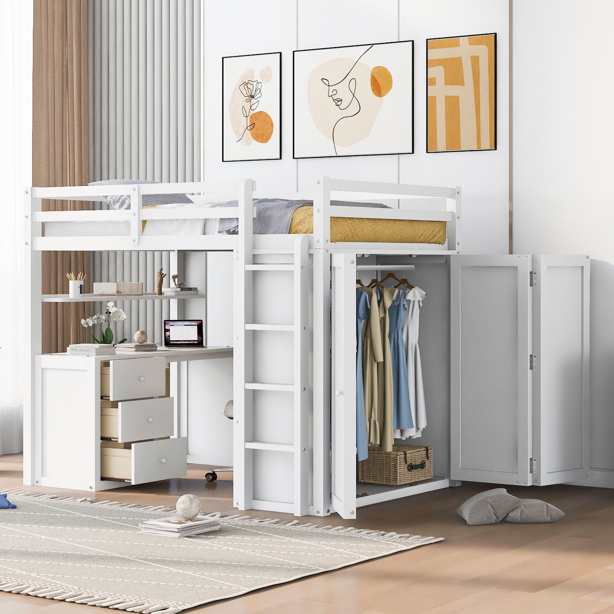 Loft Bed With Drawers, Desk, And Wardrobe