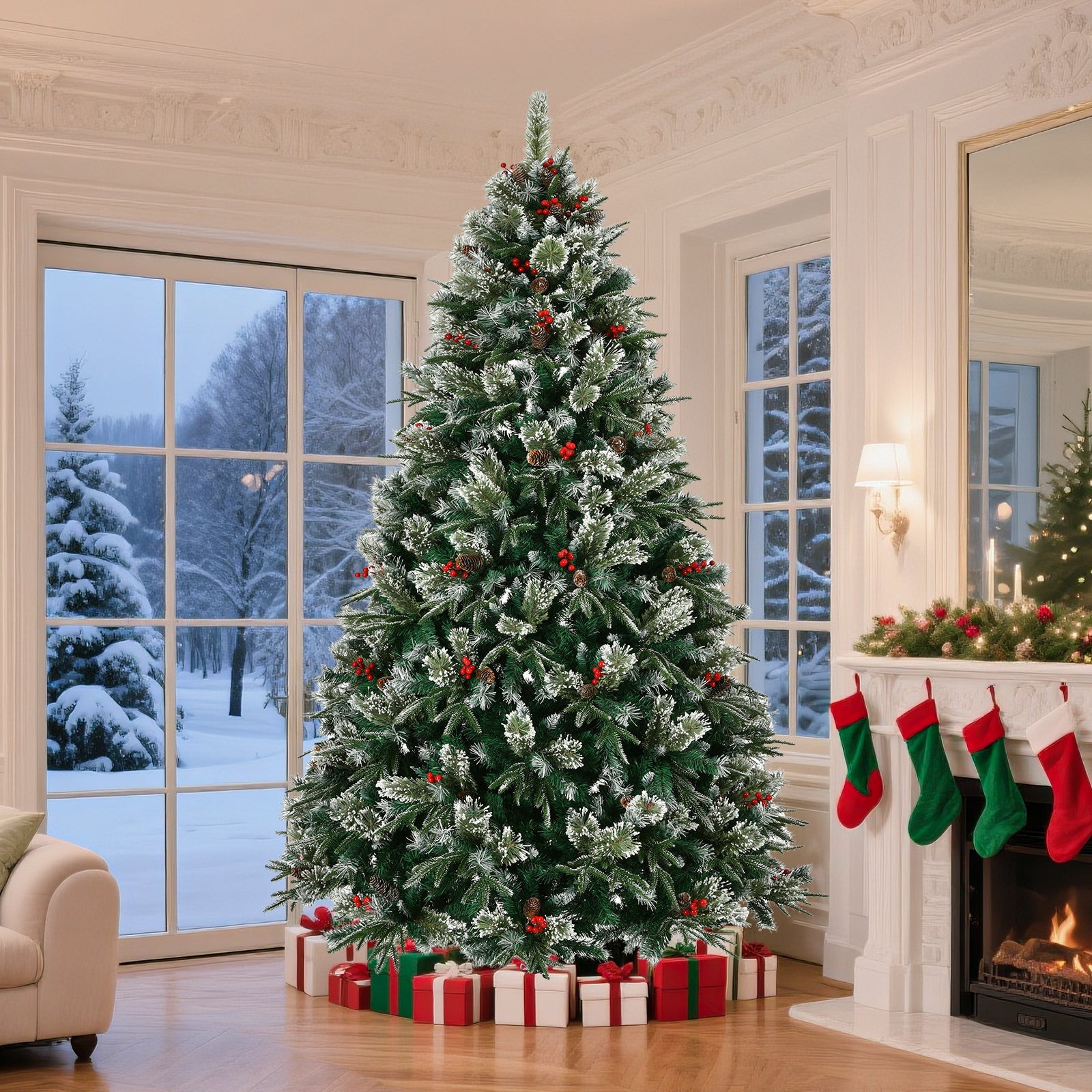 Artificial-Christmas-Tree-8Ft-Snow-Frosted-Xmas-Tree-Pre-Decorated-Christmas-Trees