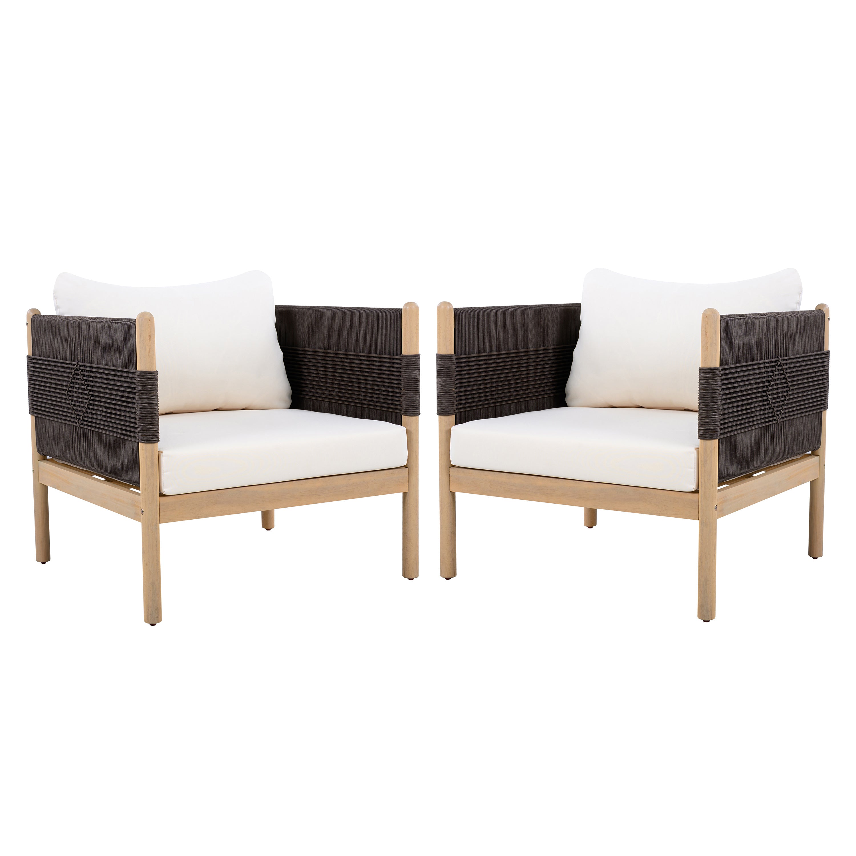 Outdoor Acacia Club Chairs (Set of 2) with Diamond-Pattern Black Rope, Light Teak Finish