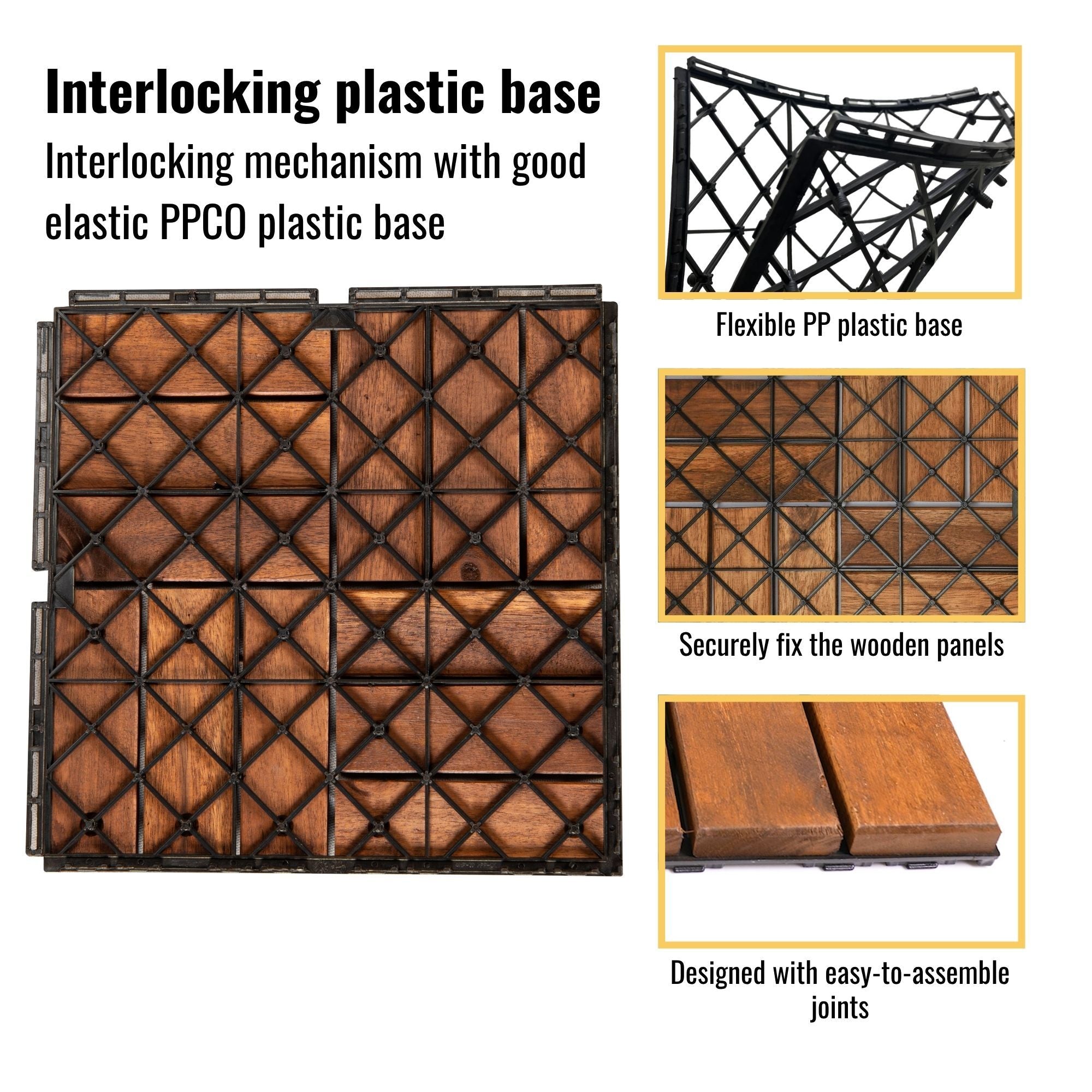 Acacia Wood Interlocking Deck Tiles Checker Pattern For Outdoor Flooring