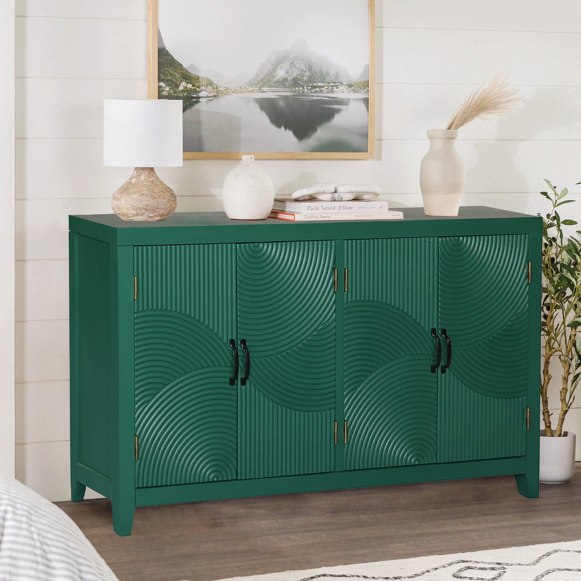 59in Green Accent Cabinet with 4 Doors Mid Century Modern Buffet