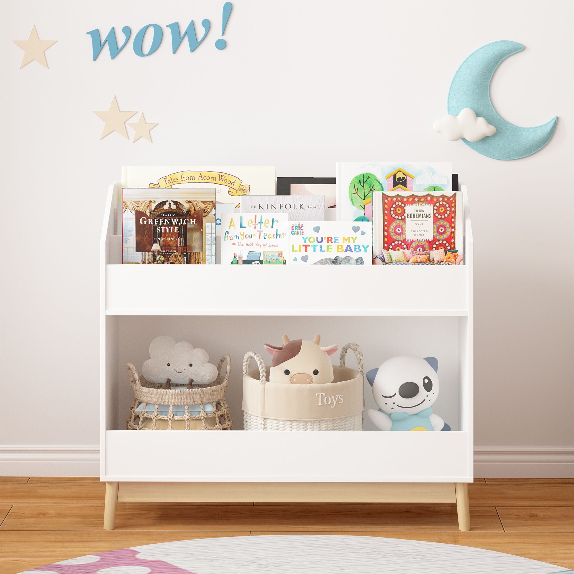 Bookcase Organizer With Storage, 3 Tier Toddler Book Display Shelf For Playroom - White