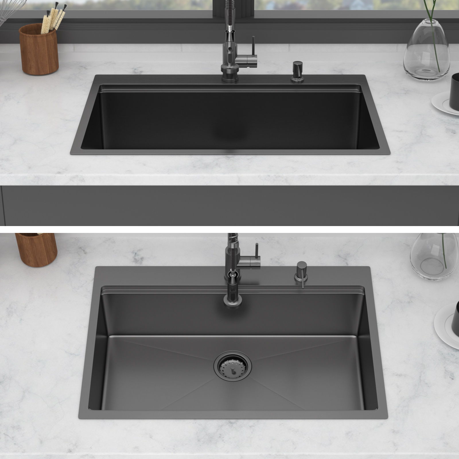 Drop In Workstation Sink Topmount Single Bowl With Pull Out Faucet And Soap Dispenser - Gunmetal Black