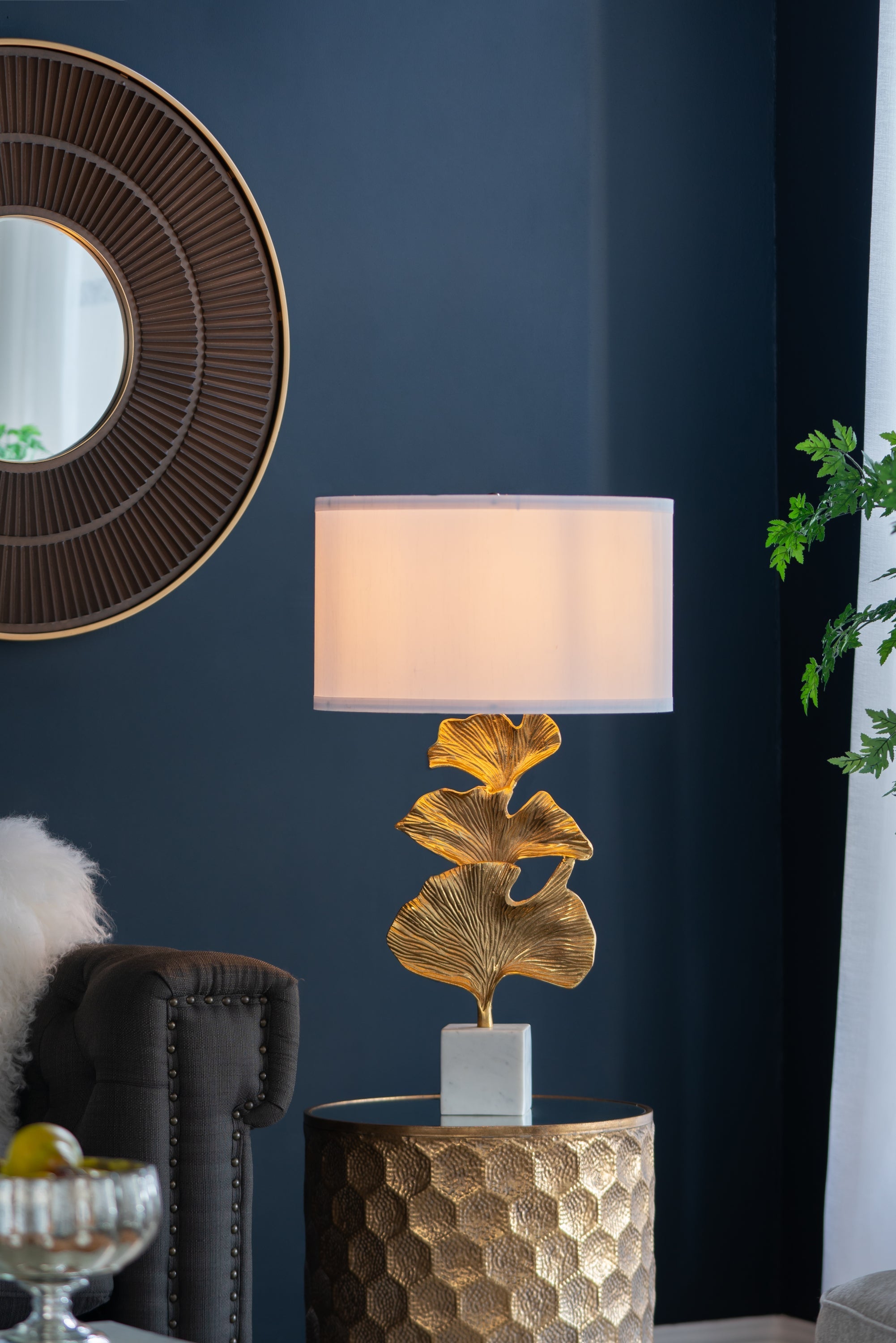 Gold Ginkgo Leaf Table Lamp with Marble Base and White Drum Shade