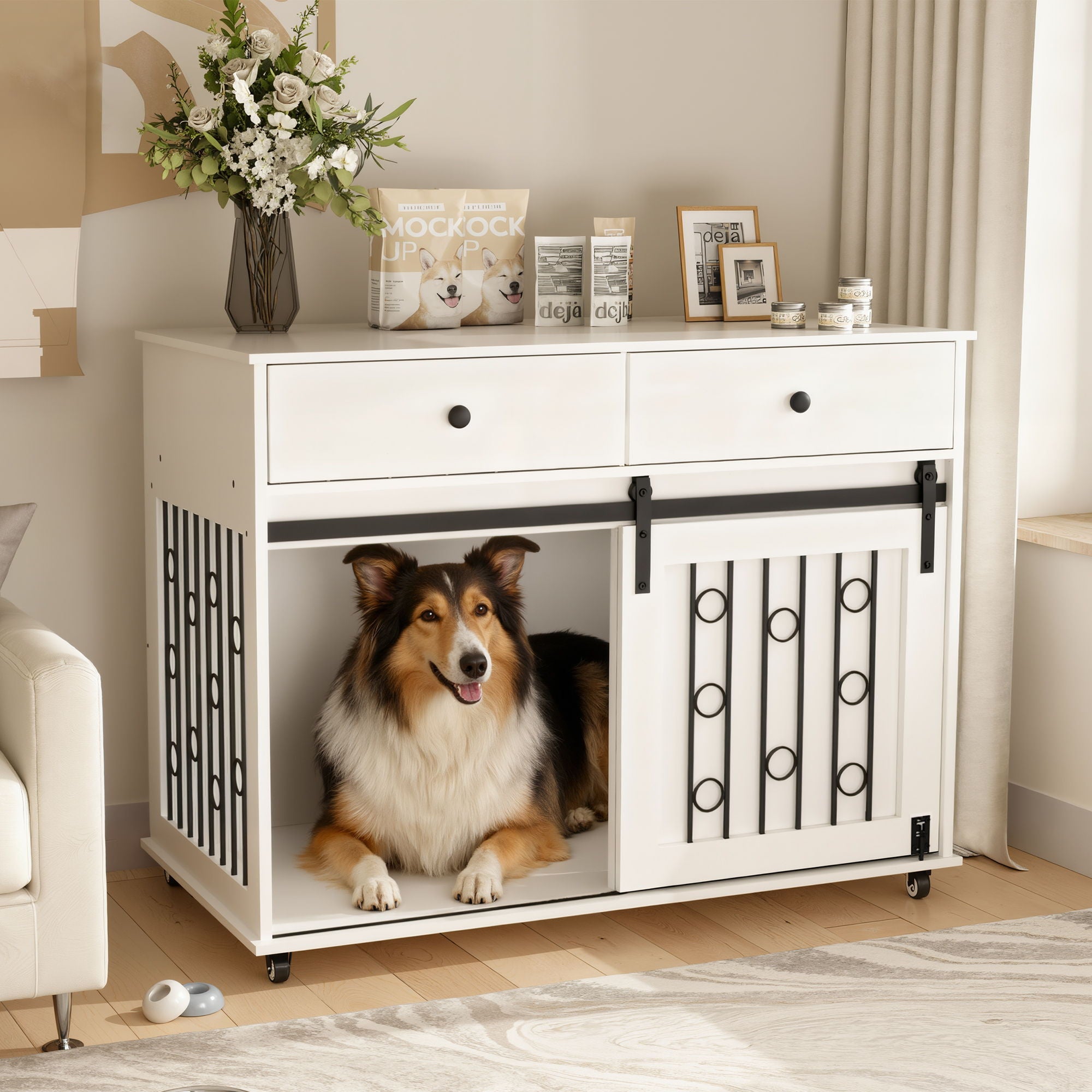 Dog Crate Furniture With Double Drawers And Sliding Barn Door, Pet Kennel For Small To Medium Dogs - White