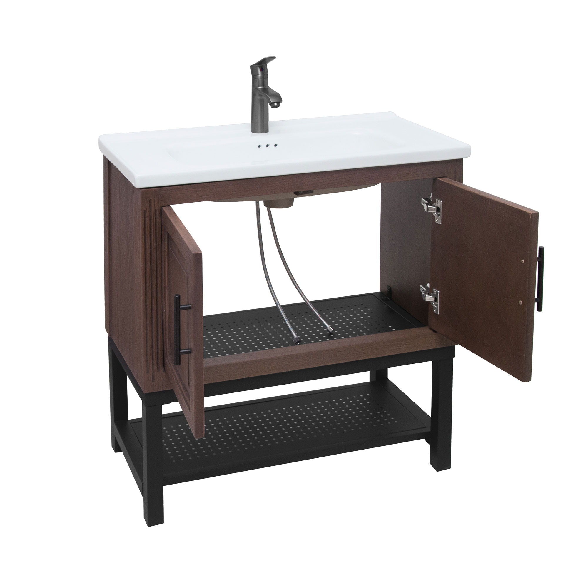 Modern Freestanding Bathroom Vanity With Ceramic Sink, Hot And Cold Faucet, Storage Cabinet & Open Shelf