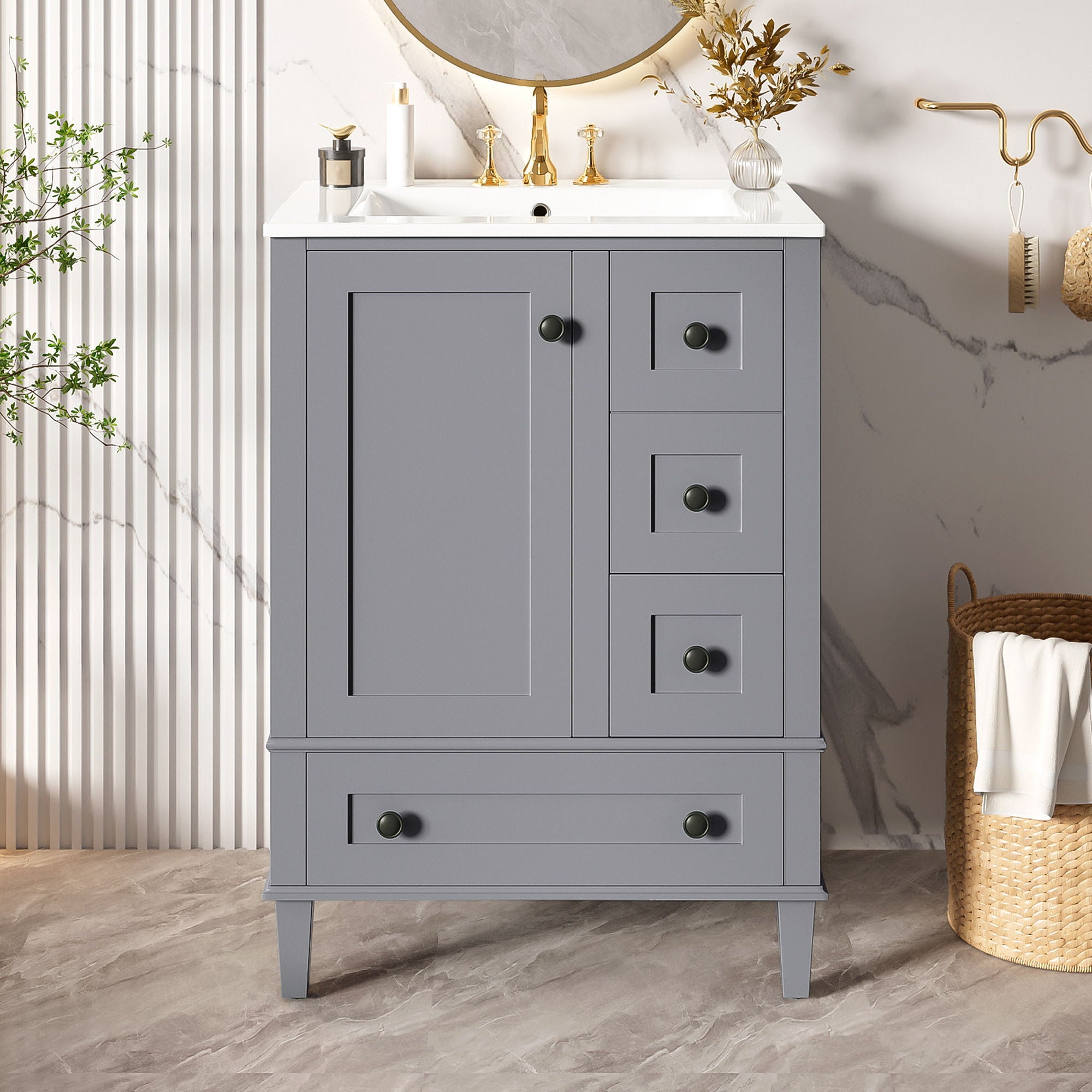 Bathroom Vanity With Integrated Basin, Soft Close Drawers, Door Mounted Double Layer Shelf