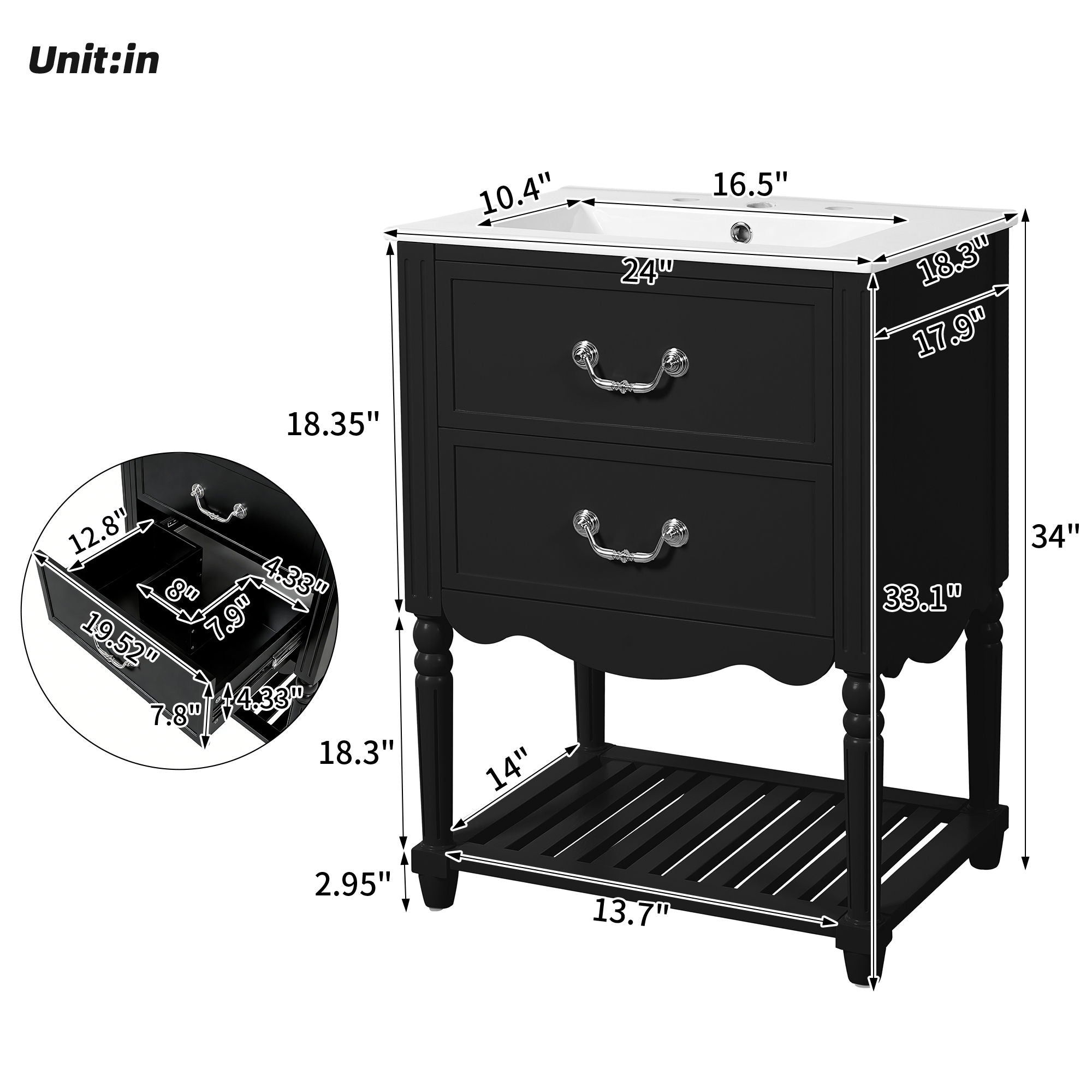 Wave Design Bathroom Vanity With Sink, 2 Drawers And Open Shelf