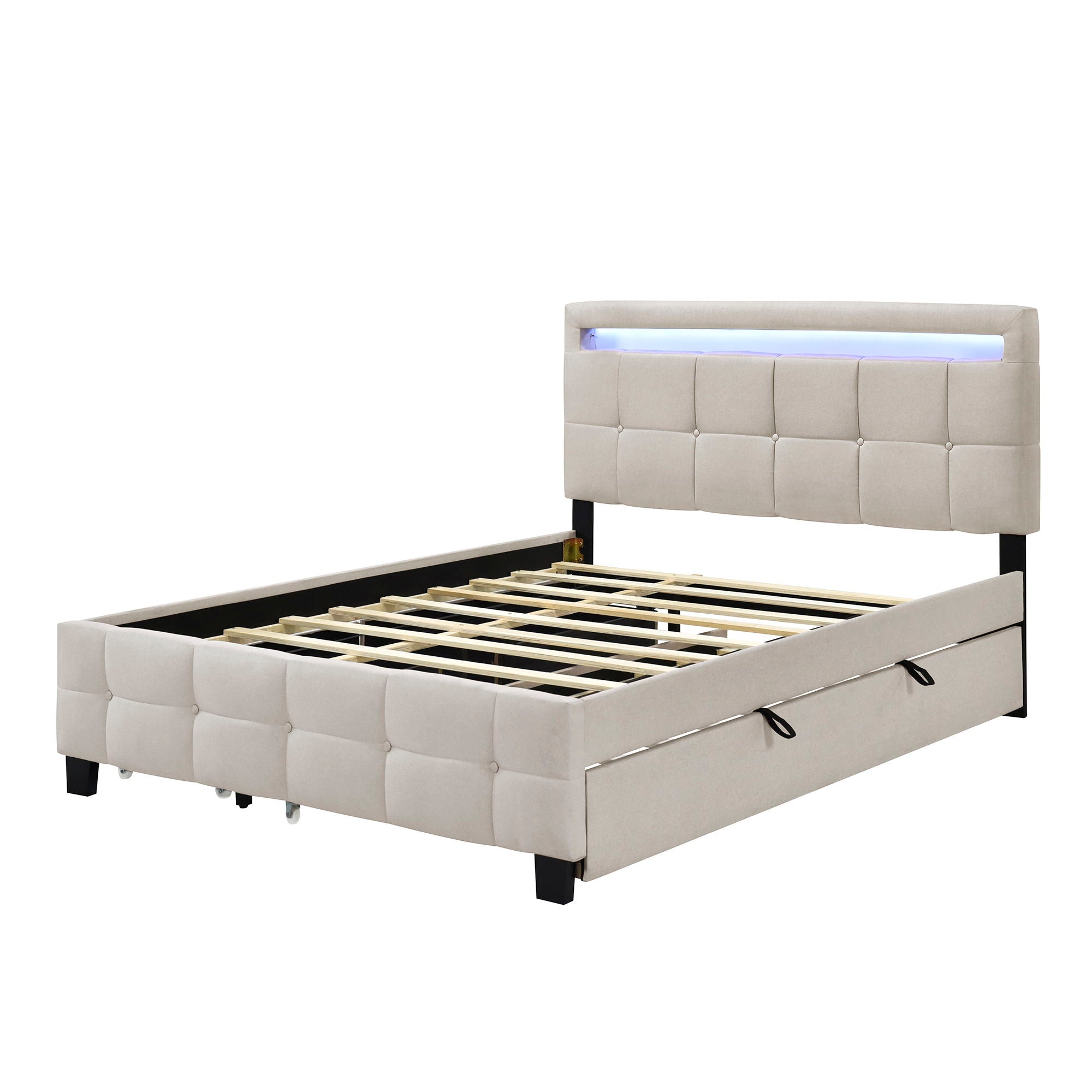 Upholstered Platform Bed With LED Frame, With Trundle And 2 Drawers
