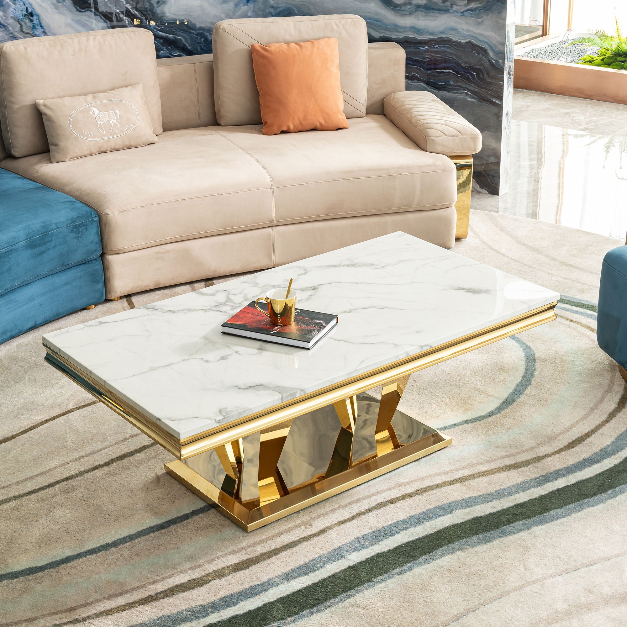 Modern Rectangular Coffee Table With Marble Pattern Top, Stainless Steel Base - Gold