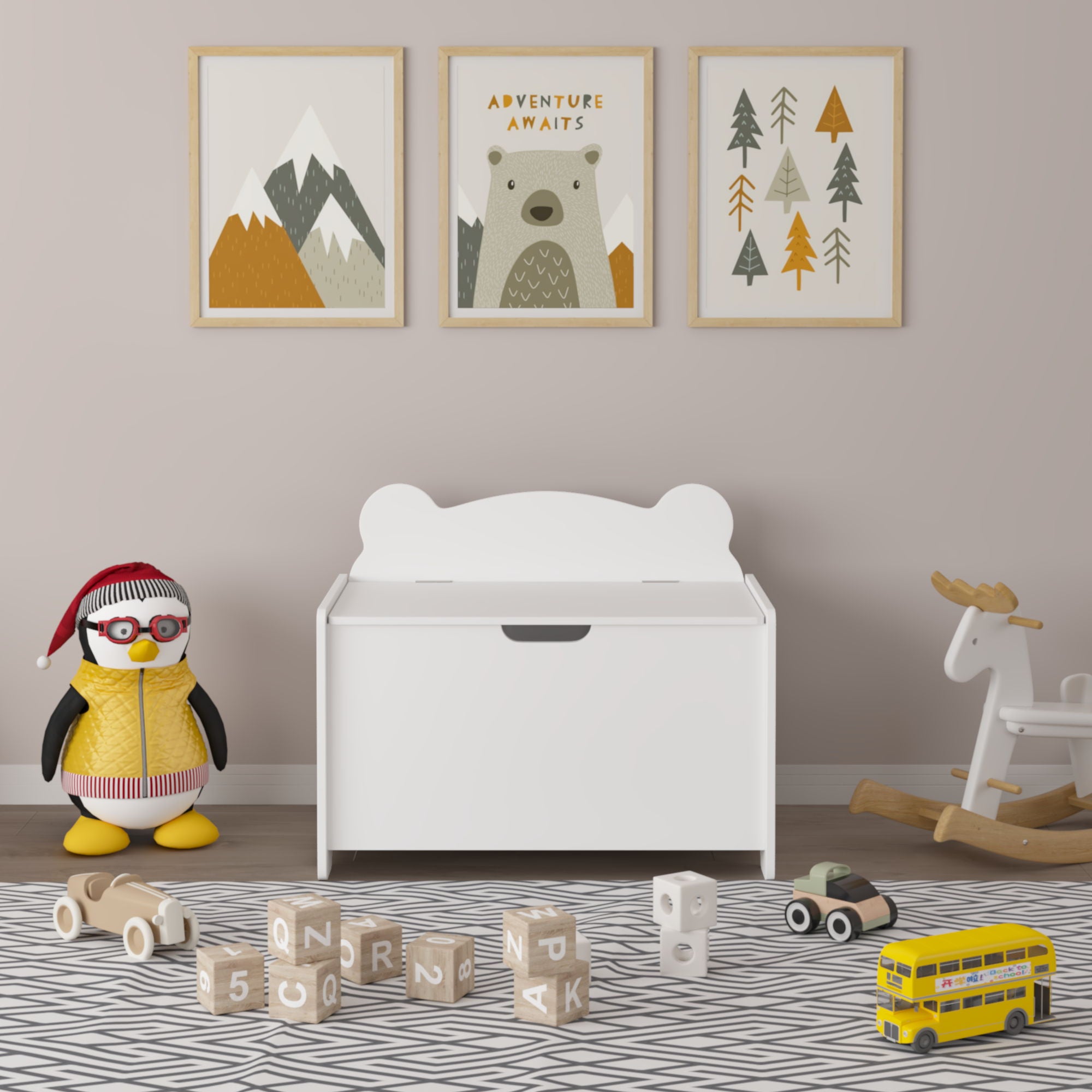 Toy Box With Bear Headboard, Organizer Storage Chest - White