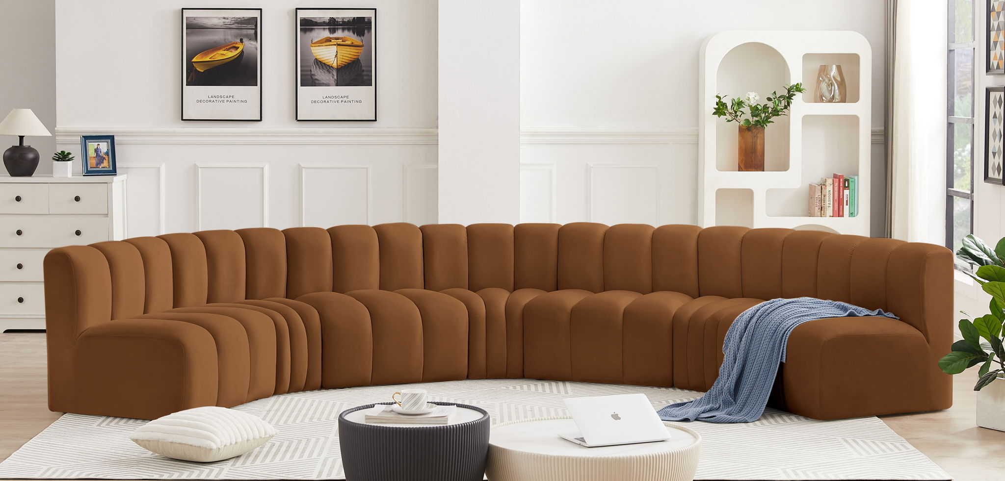 Arc - Velvet 7 Piece U-Shaped Modular Sofa - Saddle