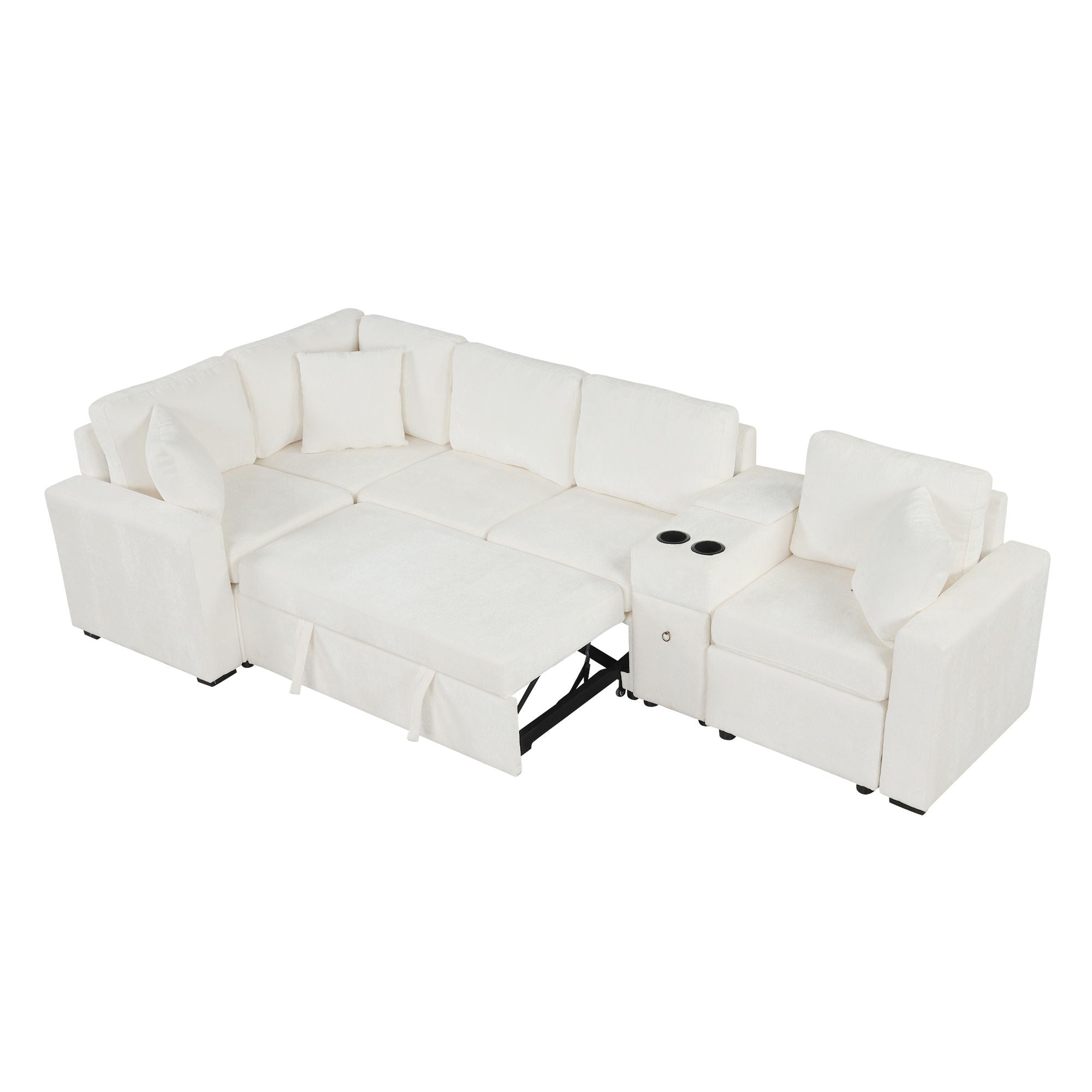 Modular L-Shaped Sectional Sofa Bed With Pull-Out Sleeper, Cup Holders, And Storage