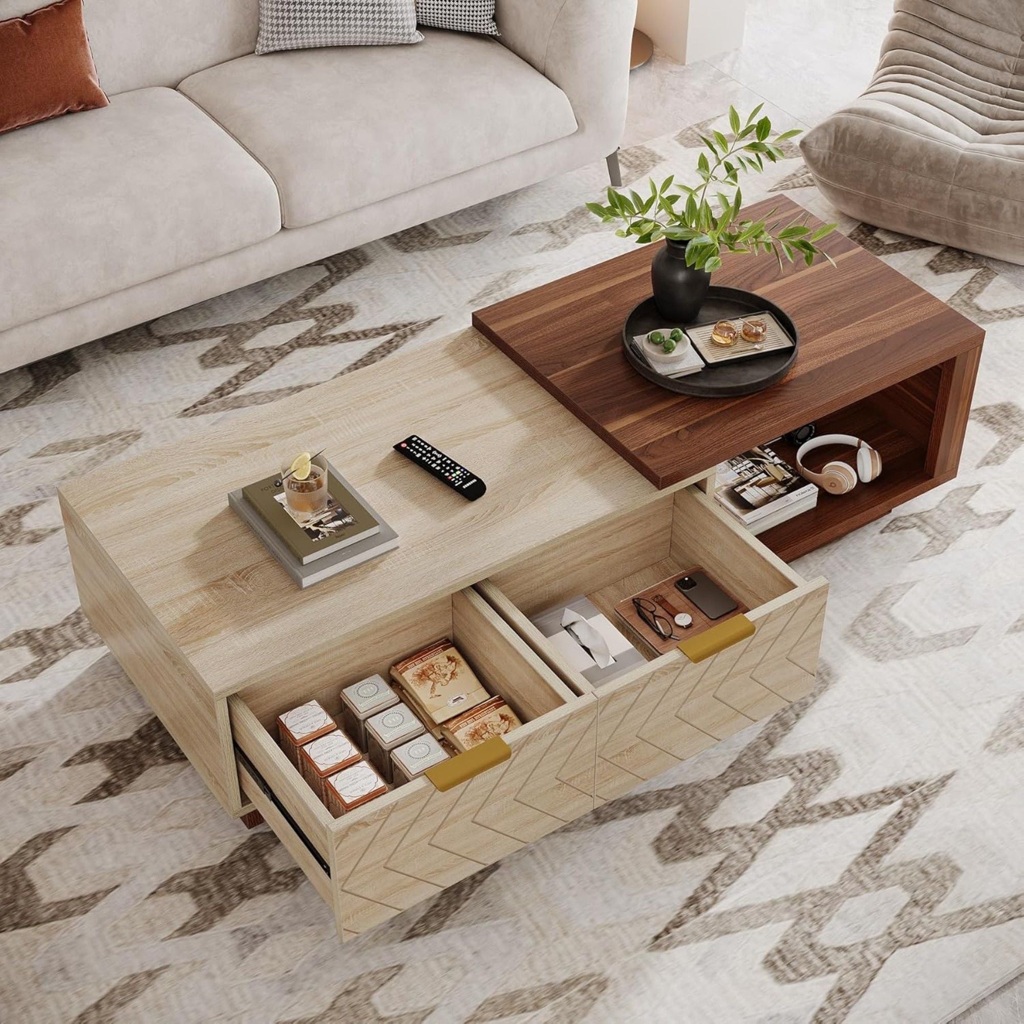 Extendable Coffee Table With 2 Storage Drawers, Dual Tone With Sliding Top, Hidden Storage - Walnut