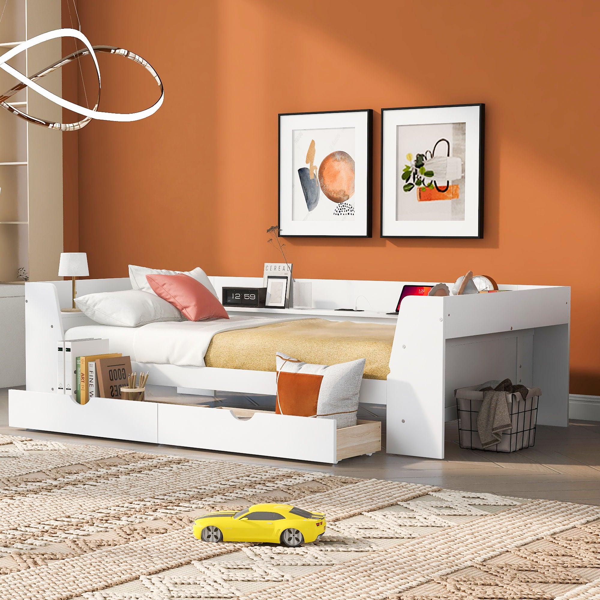 Daybed With Shelves, Drawers And Built In Charging Station