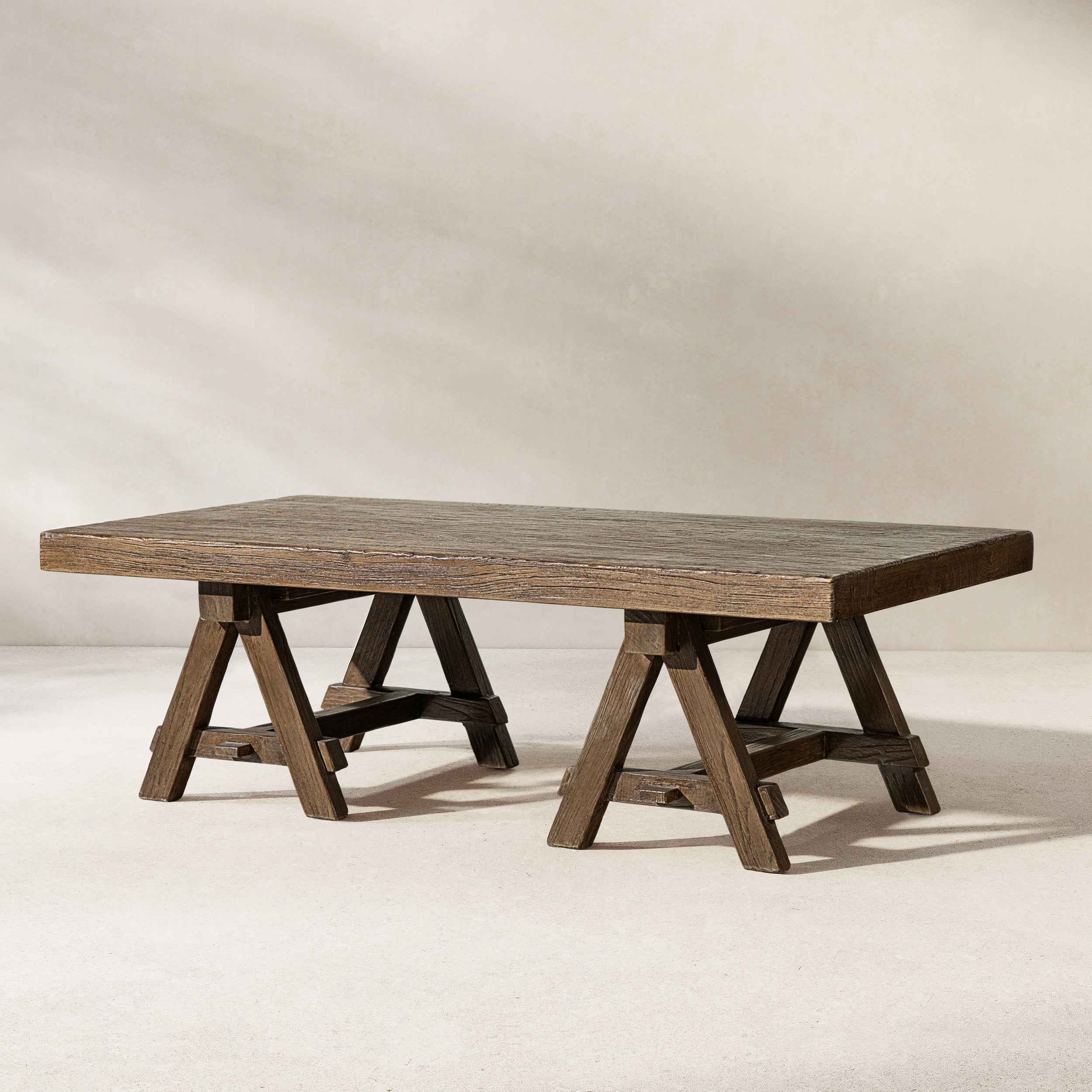 Hawthorne 48' Solid Reclaimed Elm Rectangular Trestle Coffee Table, Heritage Medium-Dark Brown