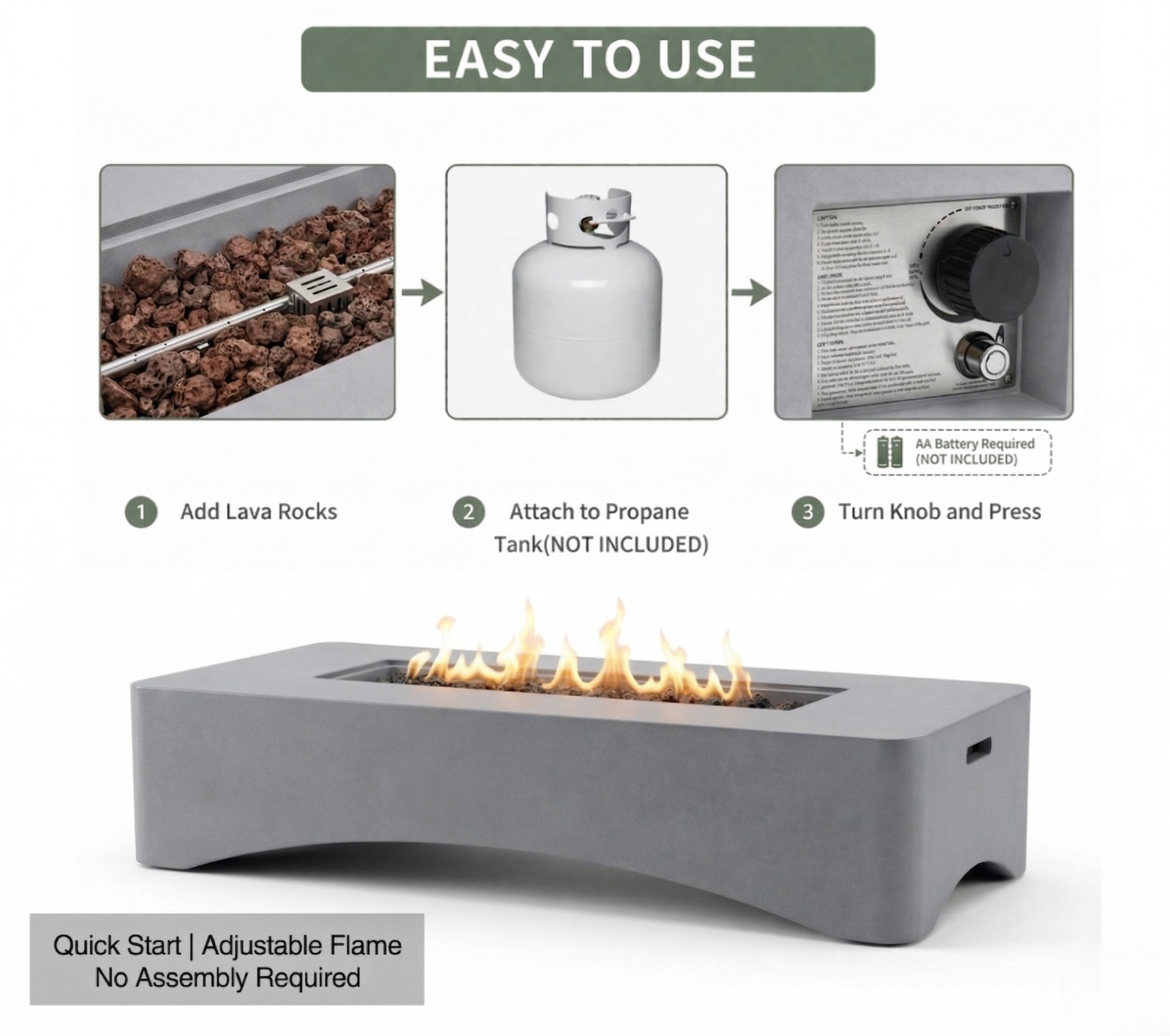 56' Propane Fire Pit Table - Rectangular Outdoor Gas Fire Pit