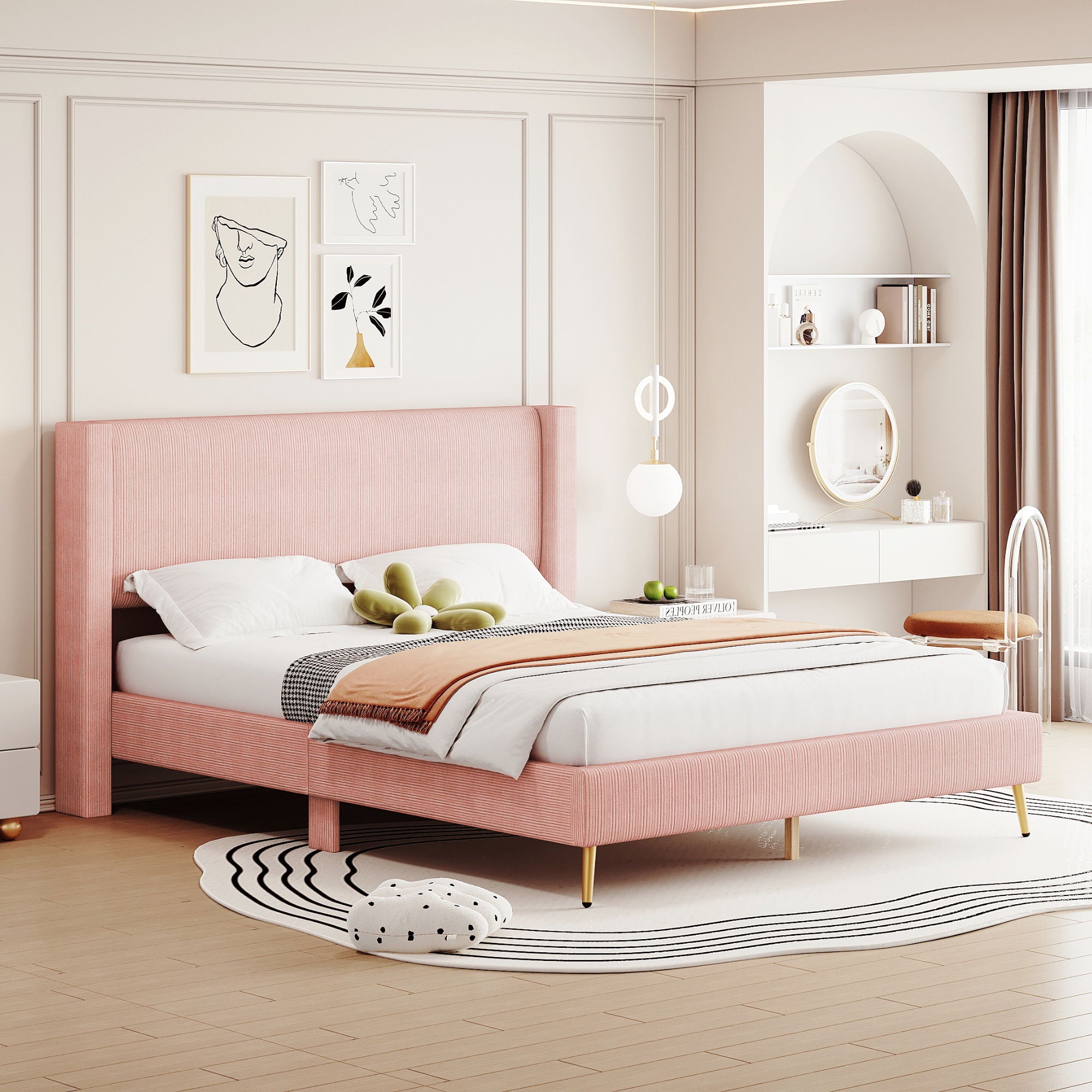 Platform Contemporary Bed With Legs And Upholstered Headboard