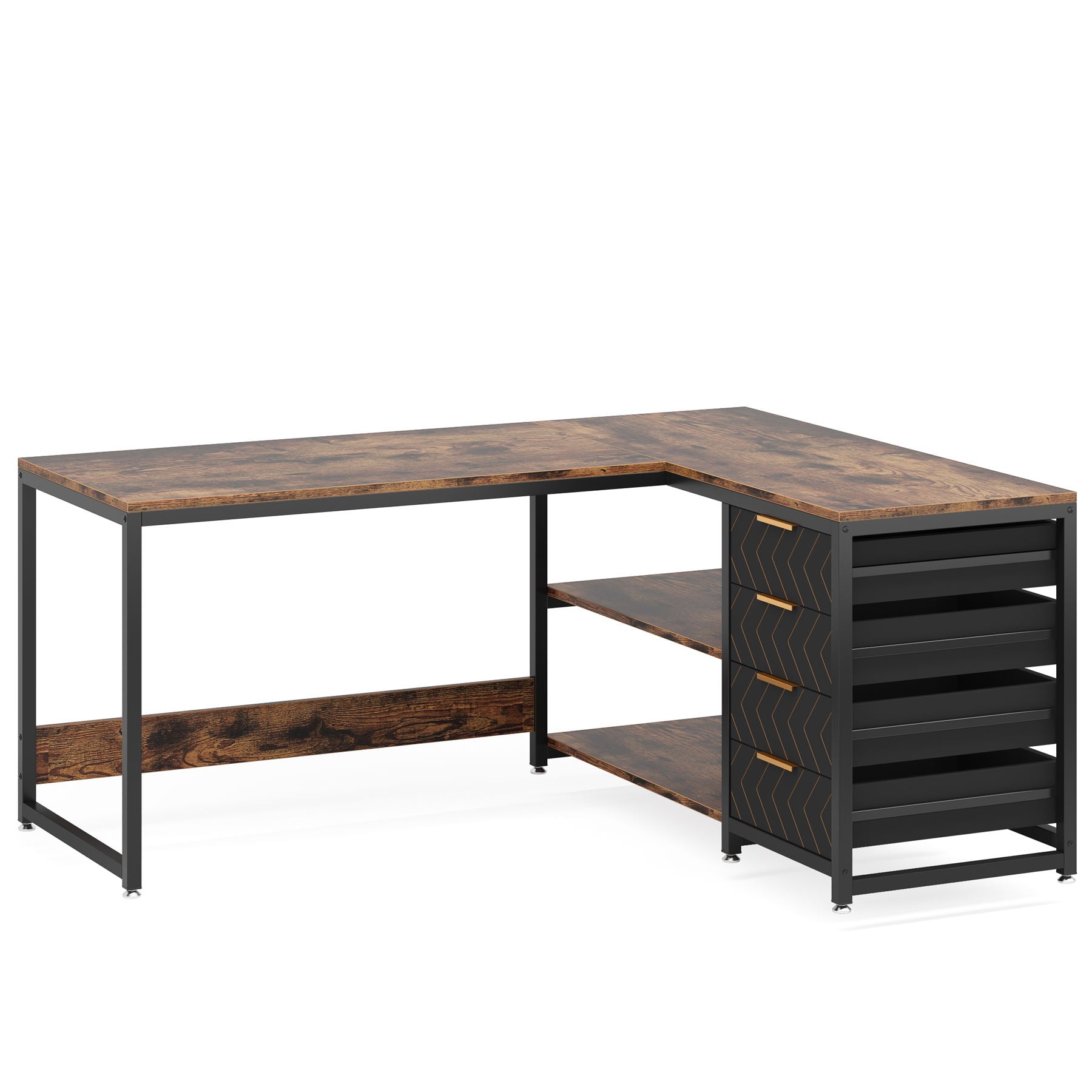 L-Shaped Computer Desk With Drawers And Shelves, Workstation For Home Office