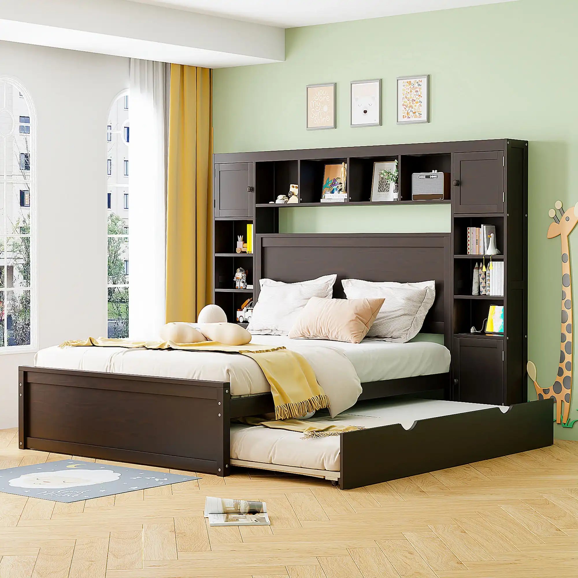 Queen Size Wooden Bed With All-in-One Cabinet, Shelf and Sockets,Twin XL Trundle