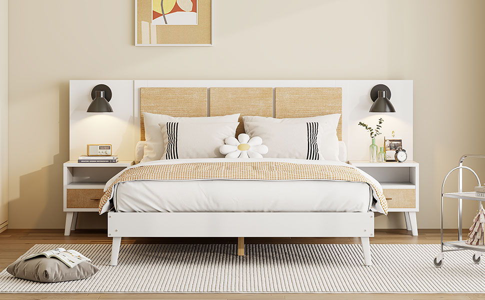 Bed Frame With 2 Nightstands Elegant Design With Lamps