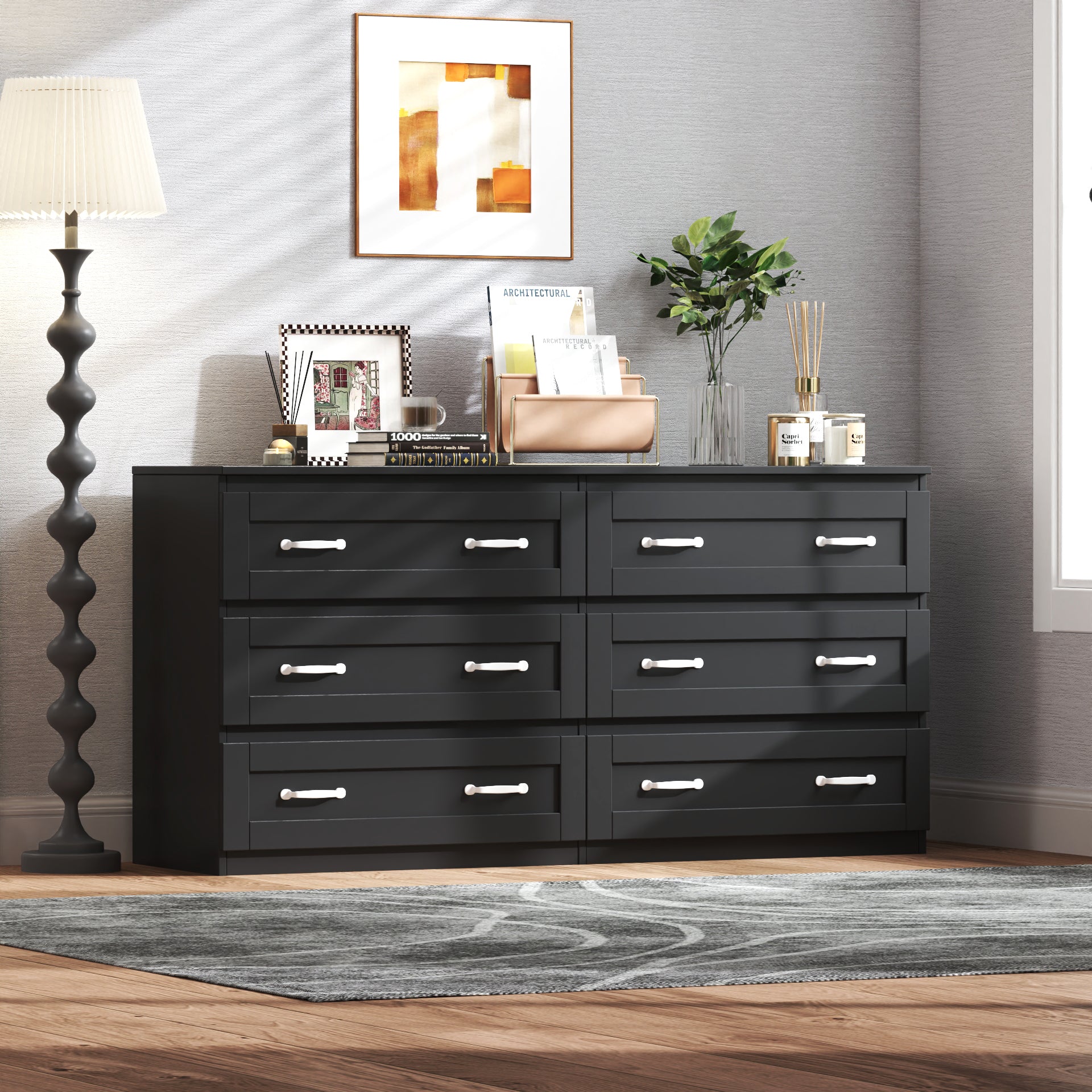 Modern Black Side Cabinet with 6 Drawers