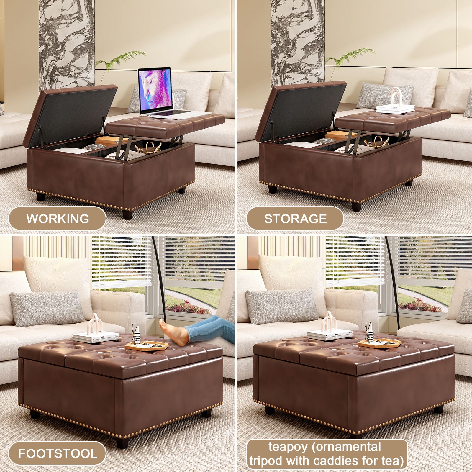 Large Square Storage Ottoman With 2 Storage Doors