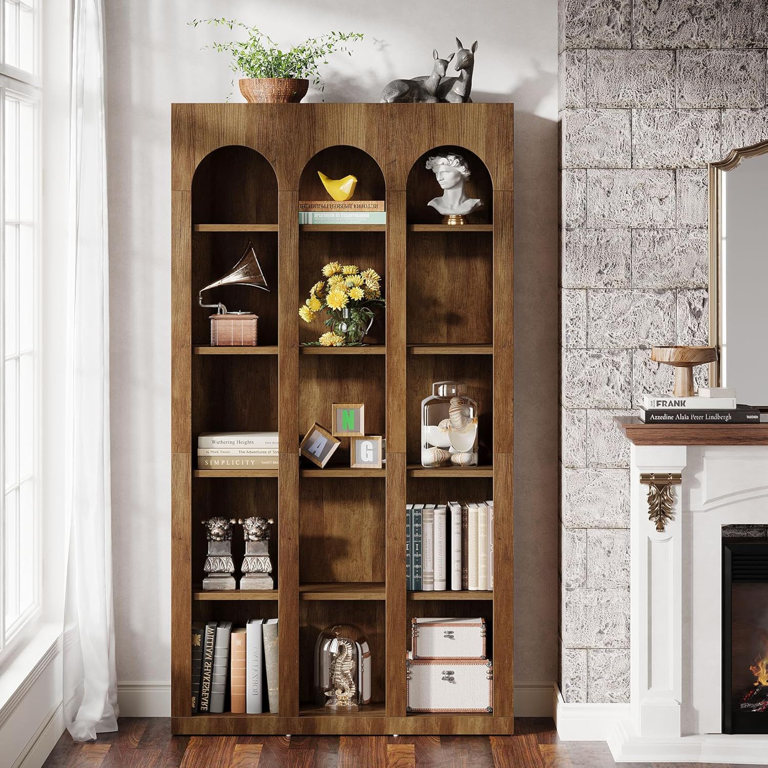 5 Tier Farmhouse Arched Bookcase For Living Room - Rustic Brown