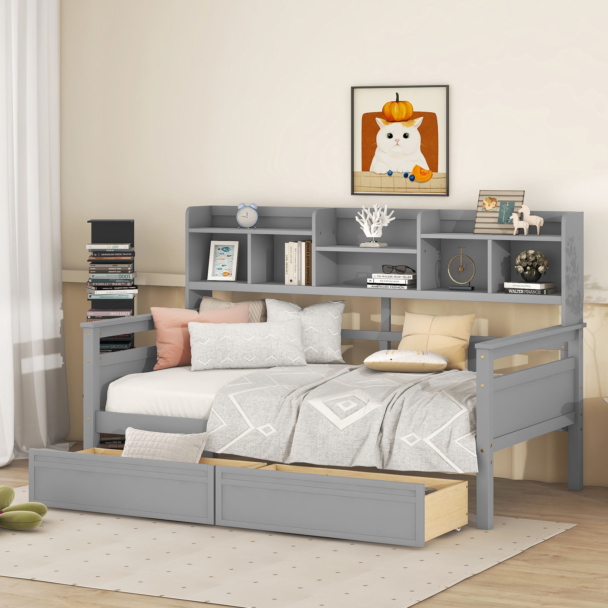 Daybed, Slat Support, With Bedside Shelves And 2 Drawers