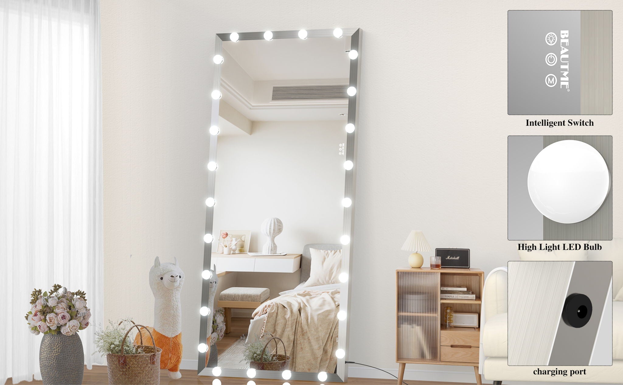 Full Length Mirror With Lights Full Body Vanity Mirror With 3 Color Modes Lighted Standing Floor Mirror For Dressing Room Bedroom Wall Mounted Touch Control