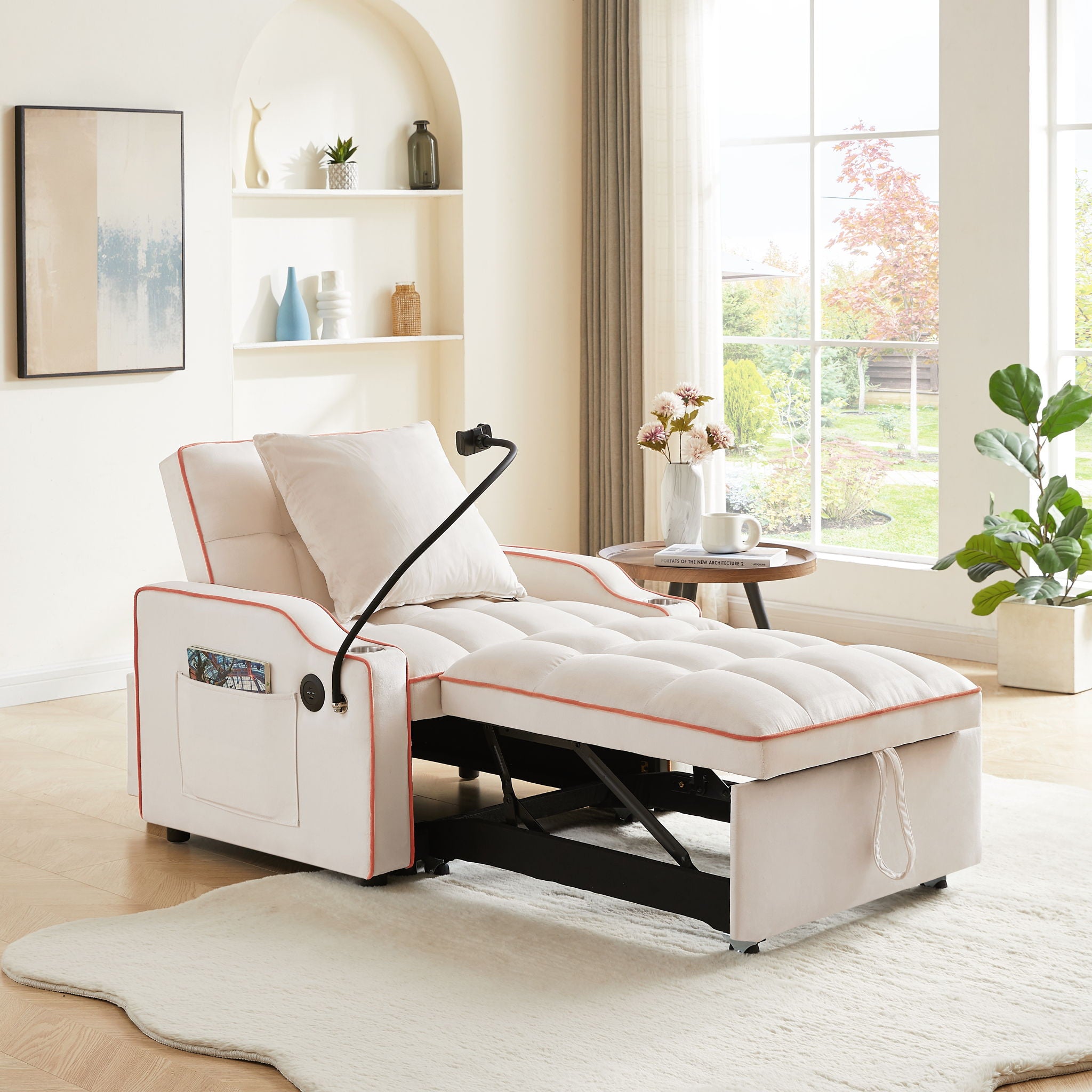 Convertible Velvet 3 In 1 Sofa Bed With Adjustable Sleeper Chair And Multi Pockets