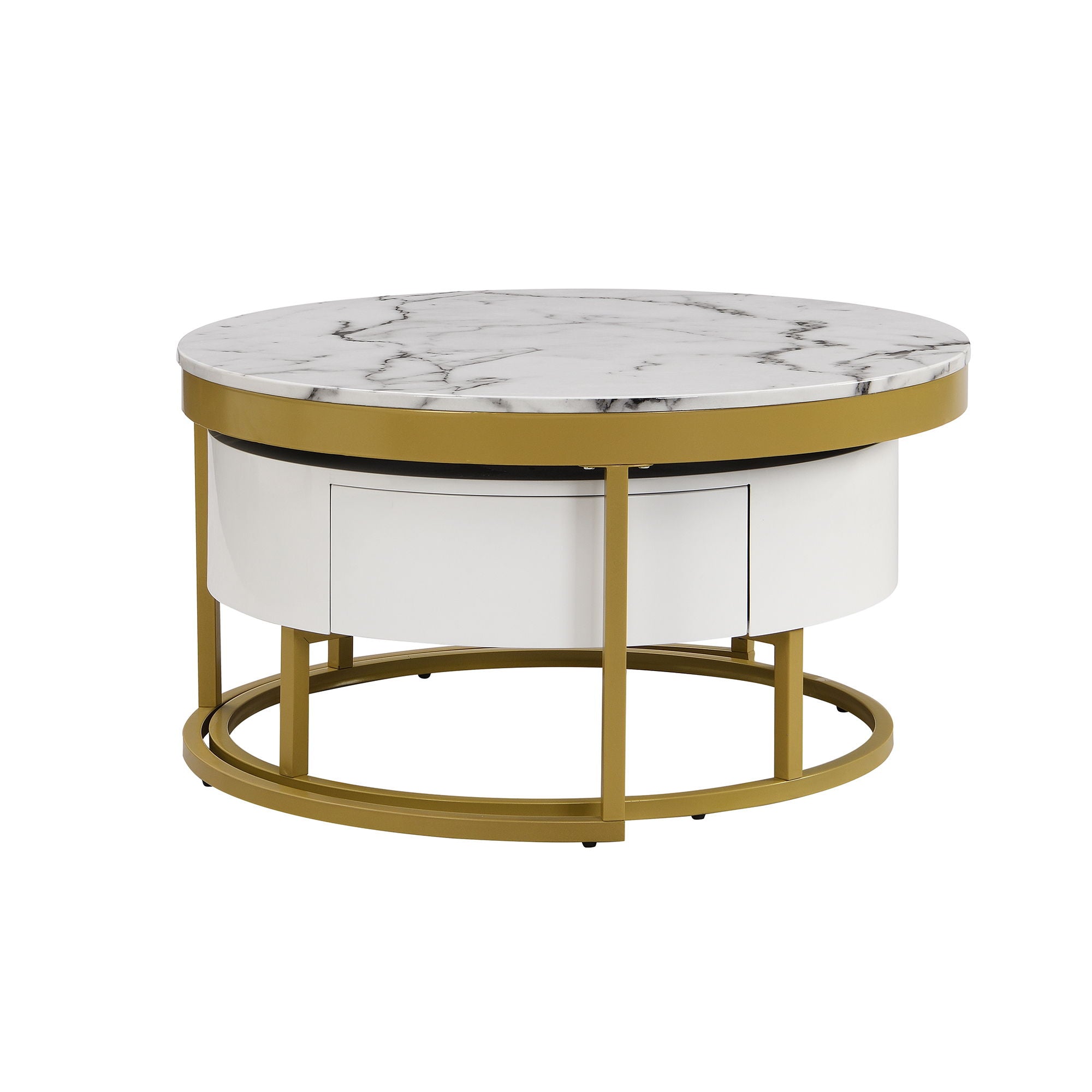 Round Nesting Coffee Table With Drawers - Golden / White