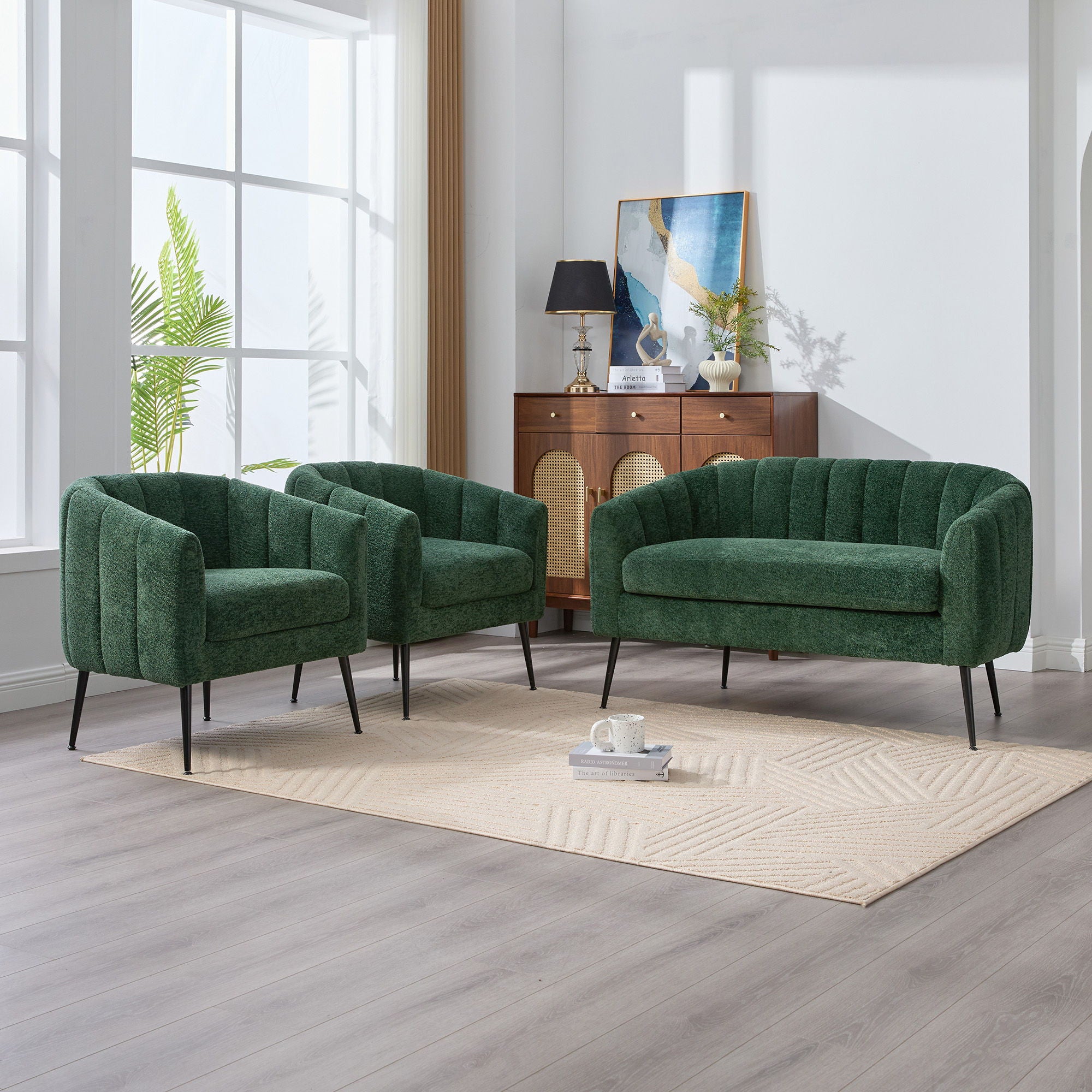 3 Piece Living Room Set, Loveseat & Accent Chairs - Green
