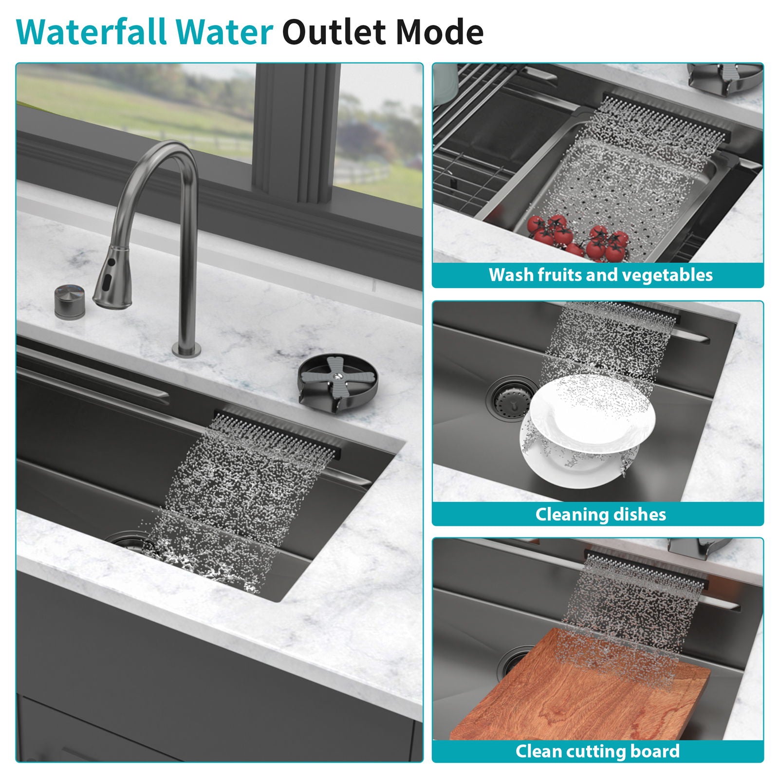 Undermount Stainless Steel Kitchen Sink With Pull Down Faucet & Ledge Workstation