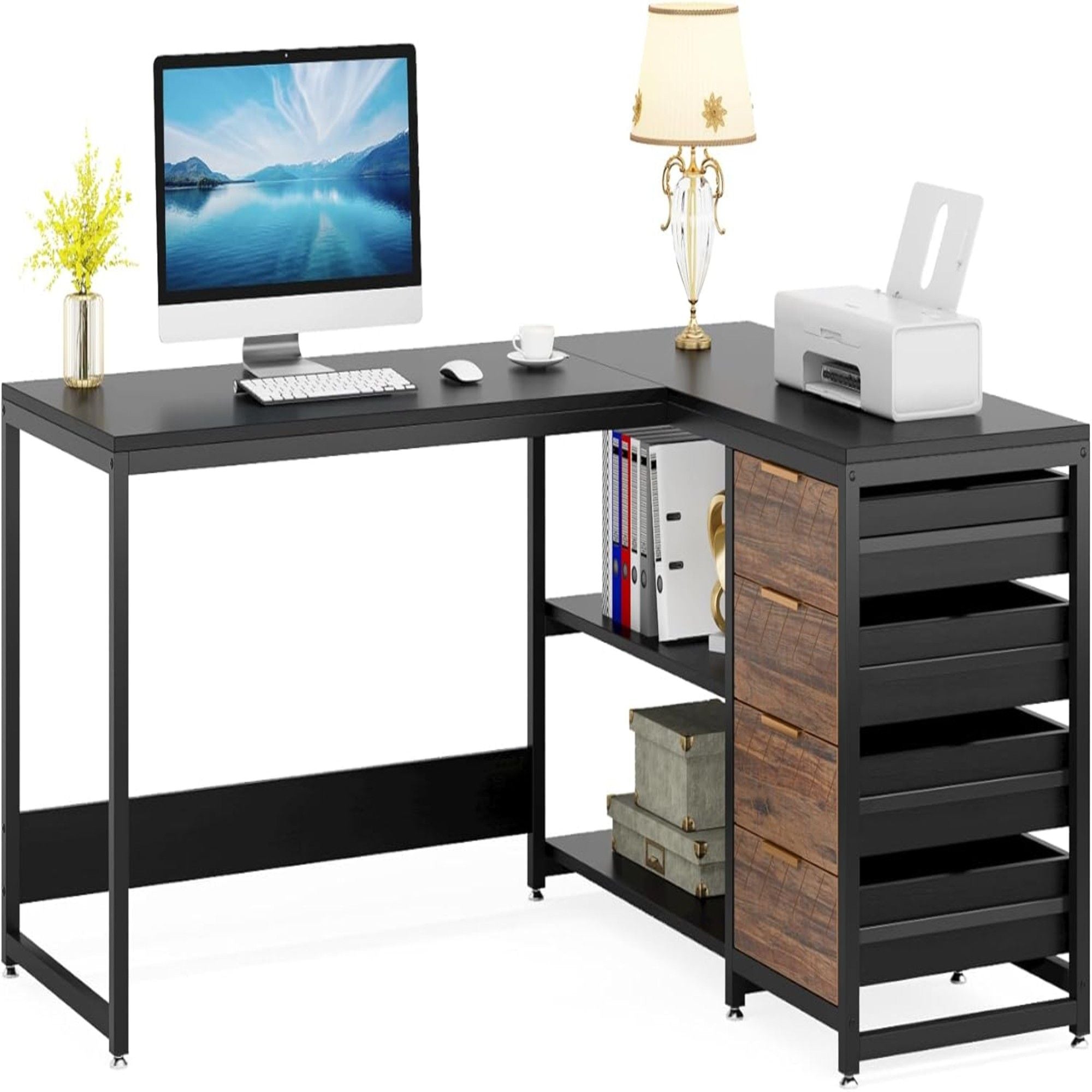L-Shaped Computer Desk With Drawers And Shelves, Workstation For Home Office