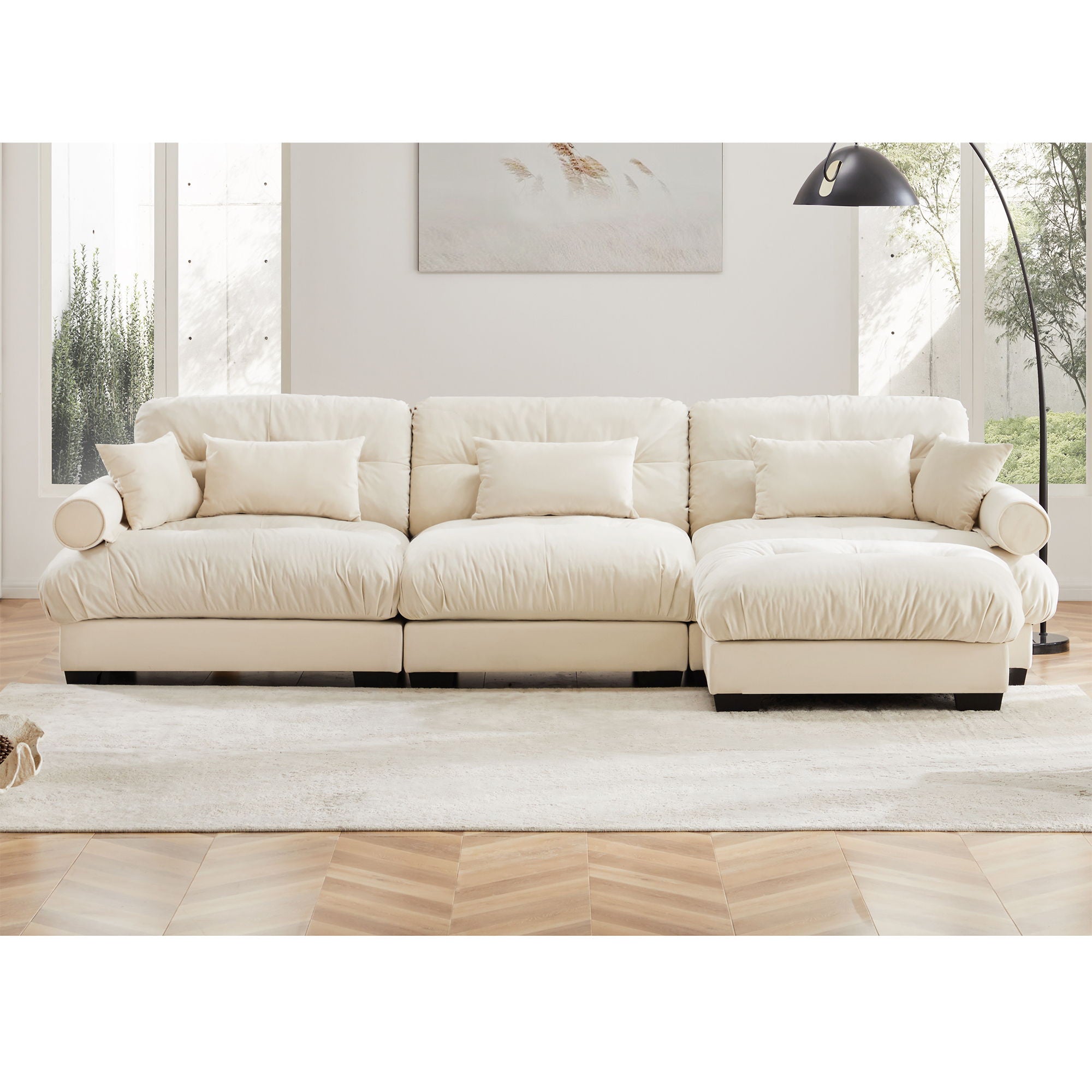 Modern Sectional Sofa With Ottoman, Round Bolster Armrests, Waist And Throw Pillows