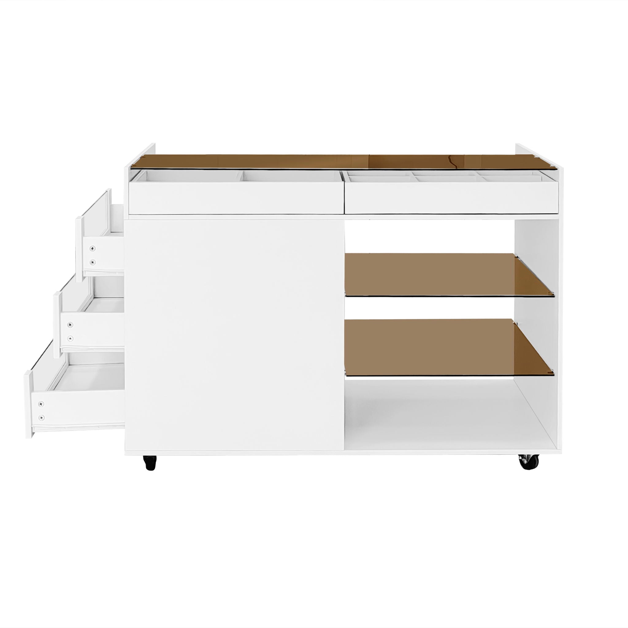 Multi-Functional Storage Island Movable Storage Cabinet Island Vanity Dresser With 3 Side Storage Drawer, A Reversible Top Storage Space And 2 Glass Display Shelves - White
