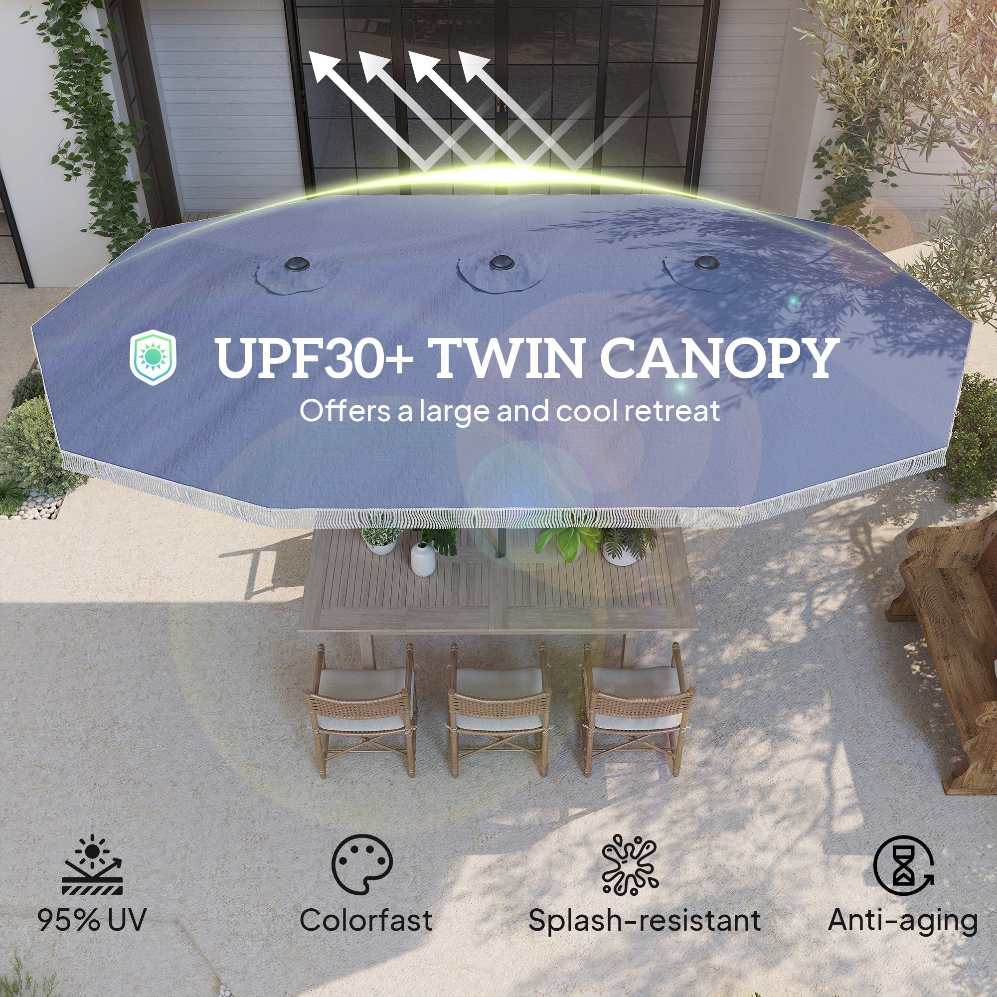 Spacious Extra Large Outdoor Umbrella, Rectangle Patio Umbrella, with Fringe and Crank Handle