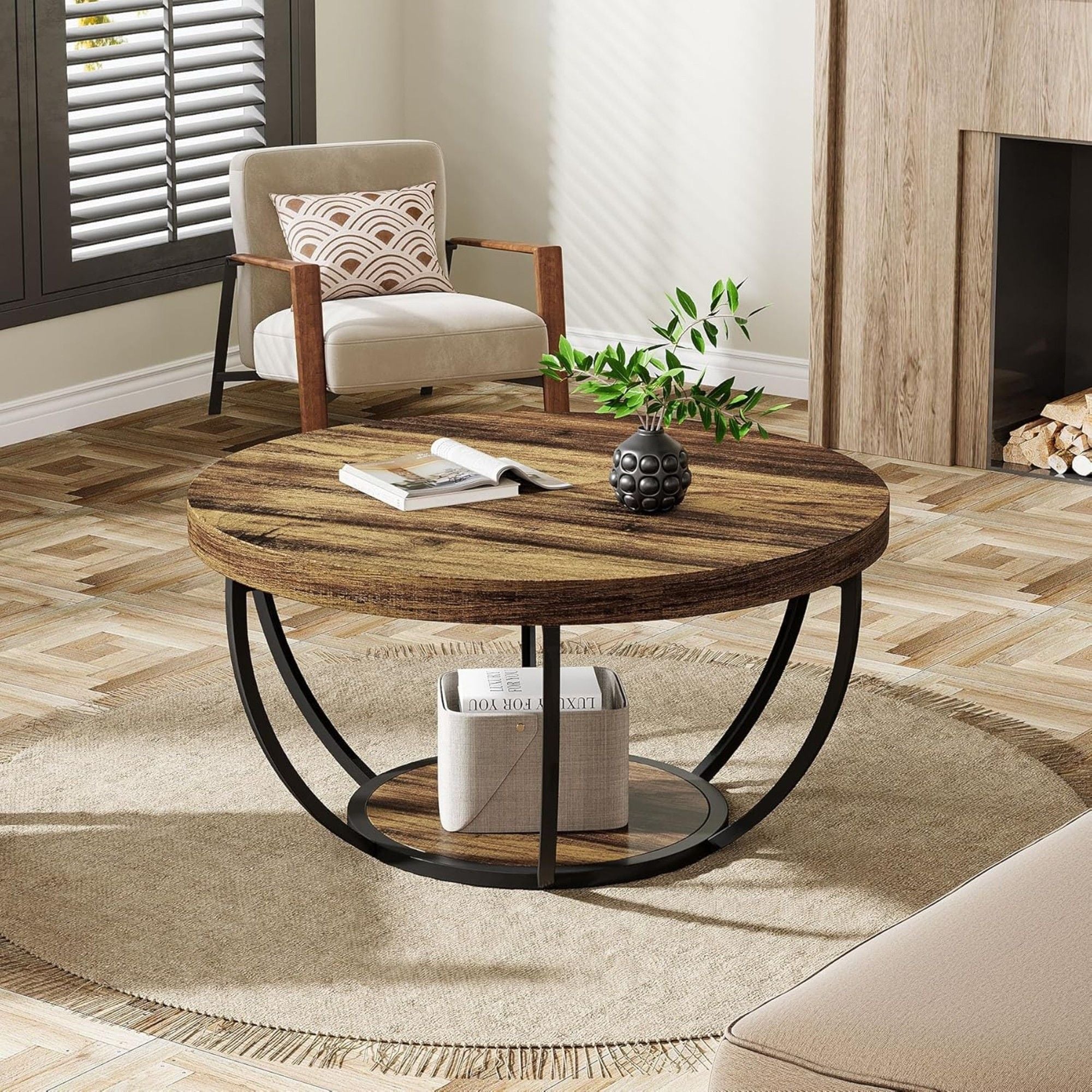 2 Tier Circle Coffee Table With Storage Shelves