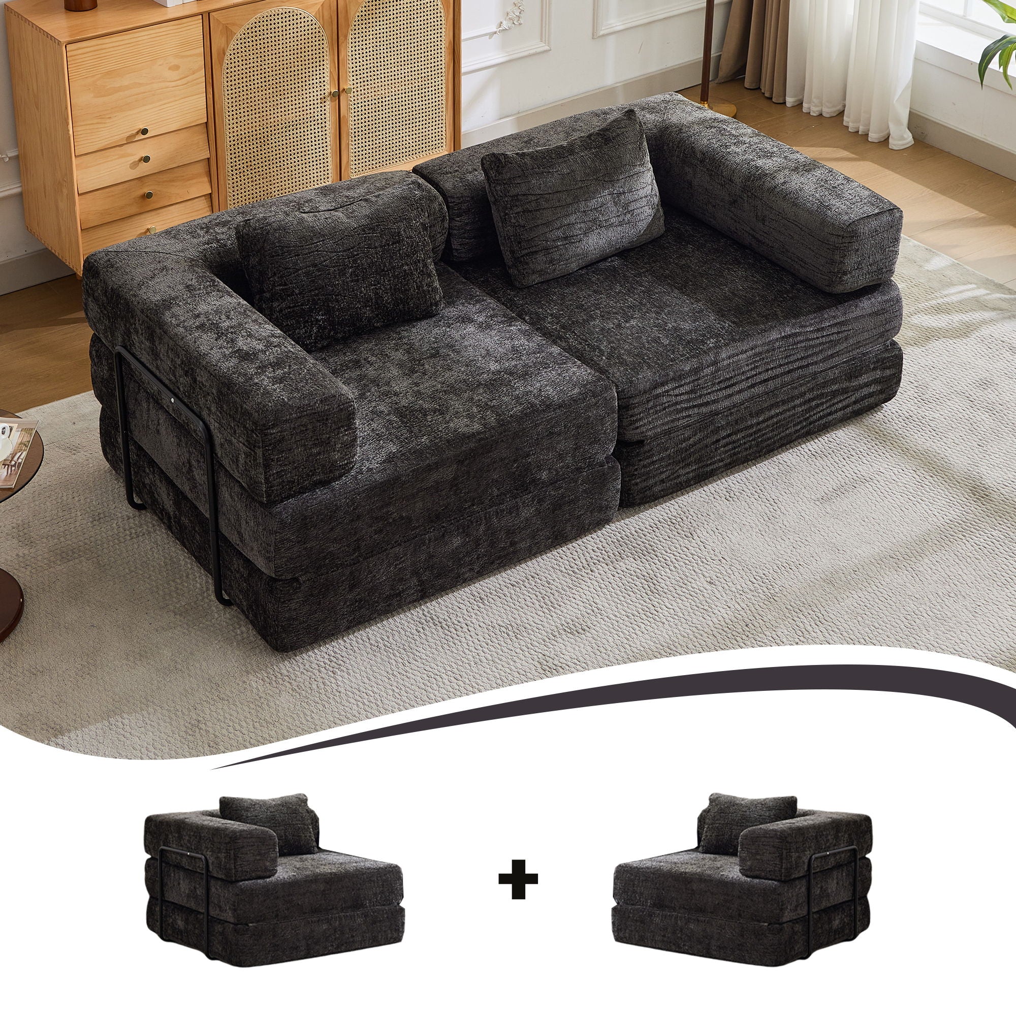 Convertible Floor Sofa Bed With Fixed Shape Frame, Loveseats Boneless Modular Sectional, For Living Room - Black