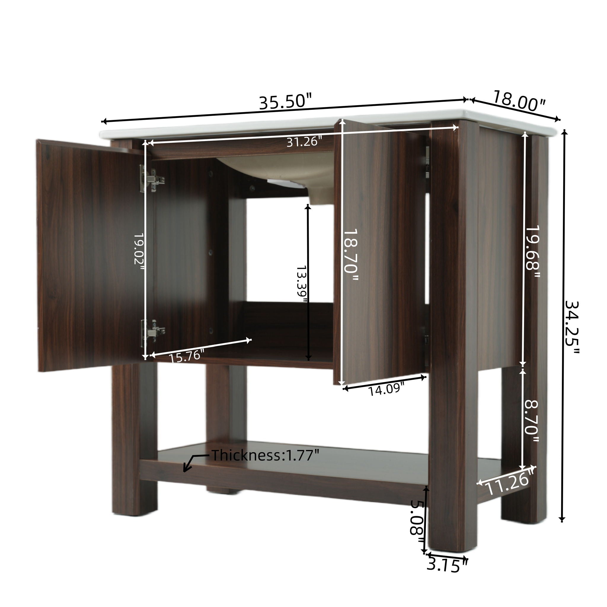 36" Modern Bathroom Vanity With Rectangle Ceramic Sink, Bathroom Cabinet And 45 Degrees Free Handle Design Soft Closing Doors, 1 Open Shelf At The Bottom - Dark Brown